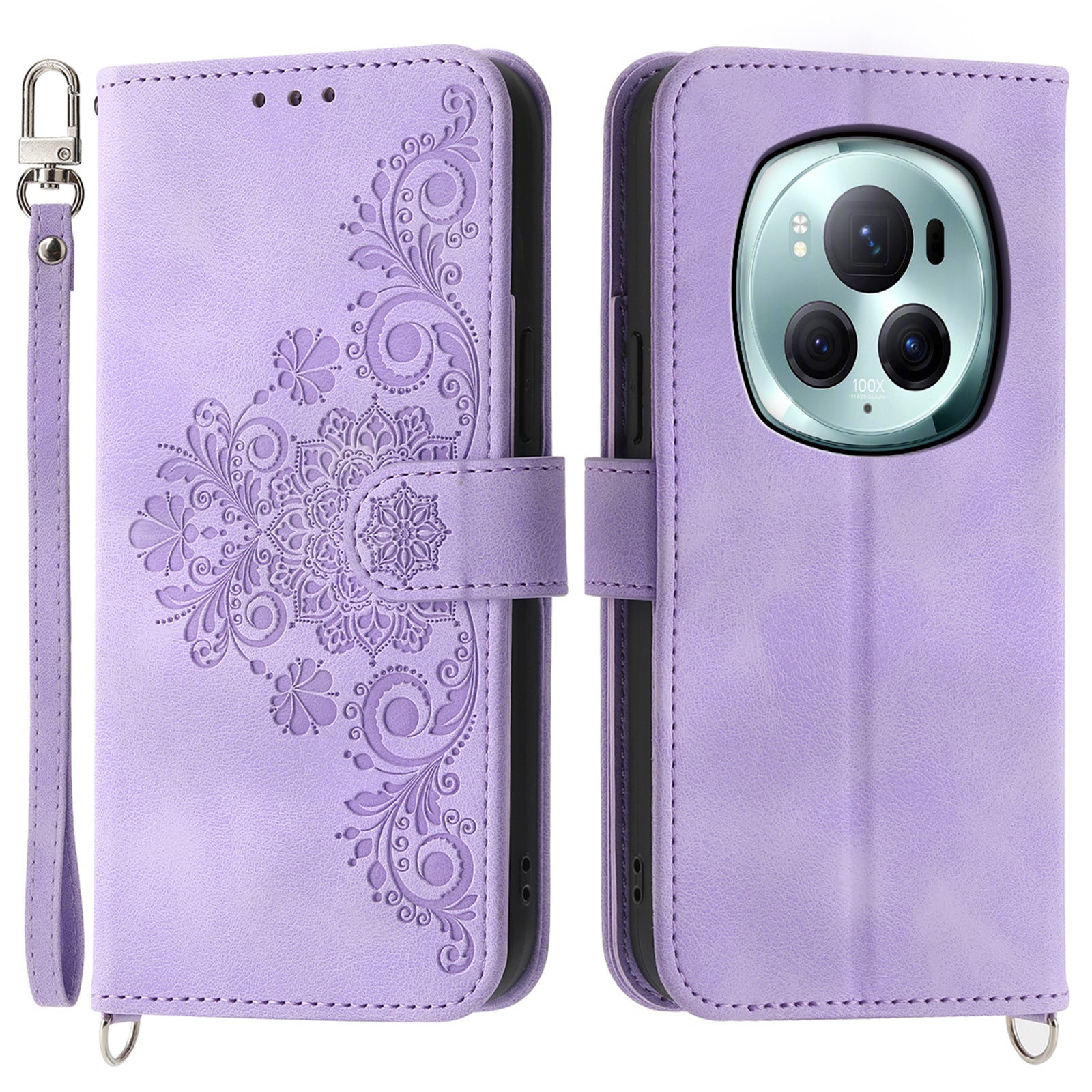 For Honor Magic6 Pro 5G Wallet Case Flower Pattern PU Leather Crossbody Phone Cover - Light Purple