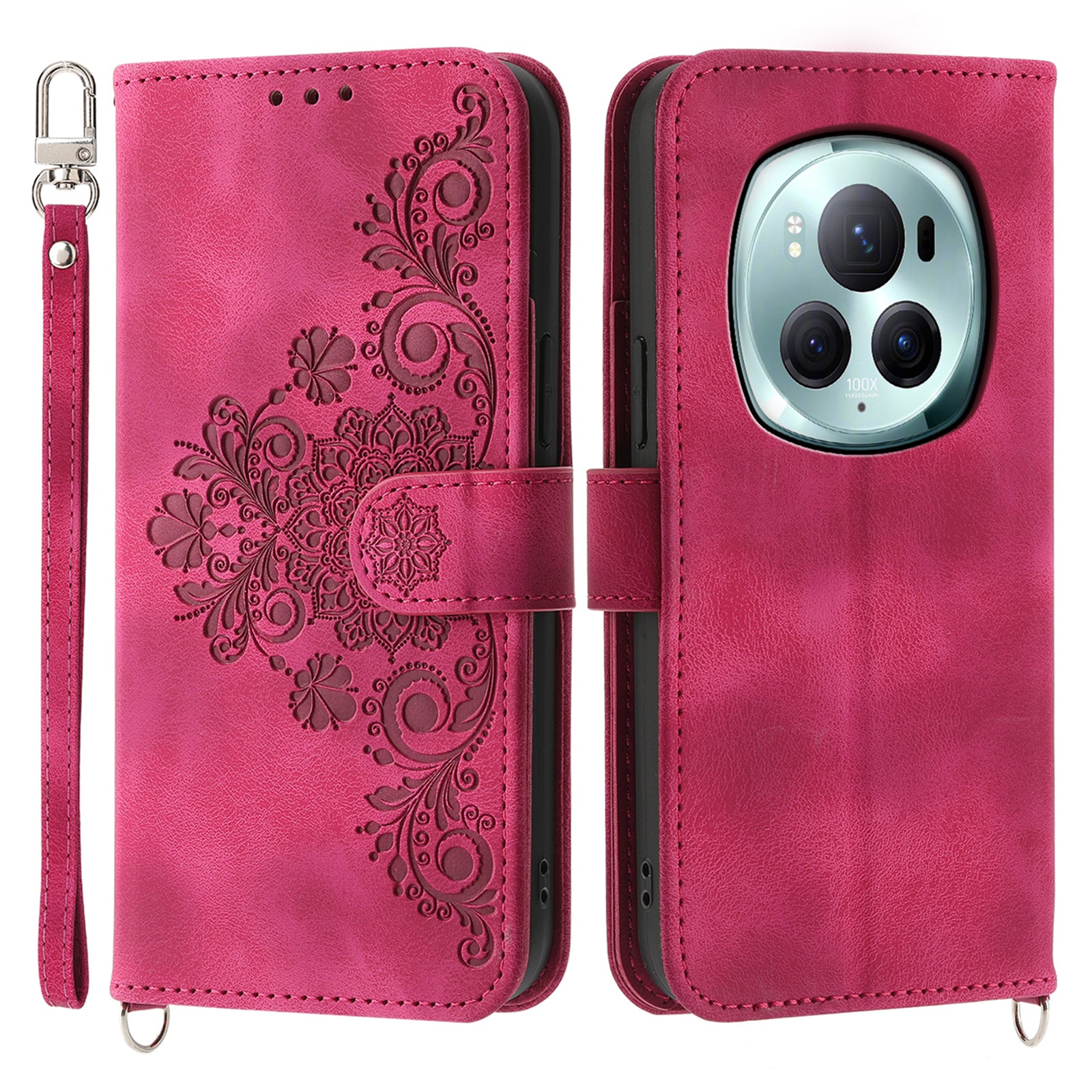 For Honor Magic6 Pro 5G Wallet Case Flower Pattern PU Leather Crossbody Phone Cover - Wine Red
