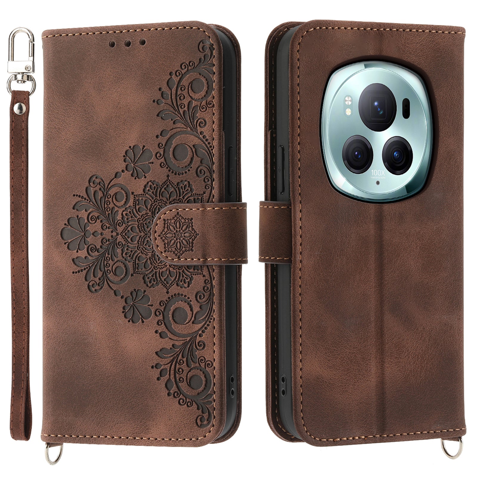 For Honor Magic6 Pro 5G Wallet Case Flower Pattern PU Leather Crossbody Phone Cover - Brown
