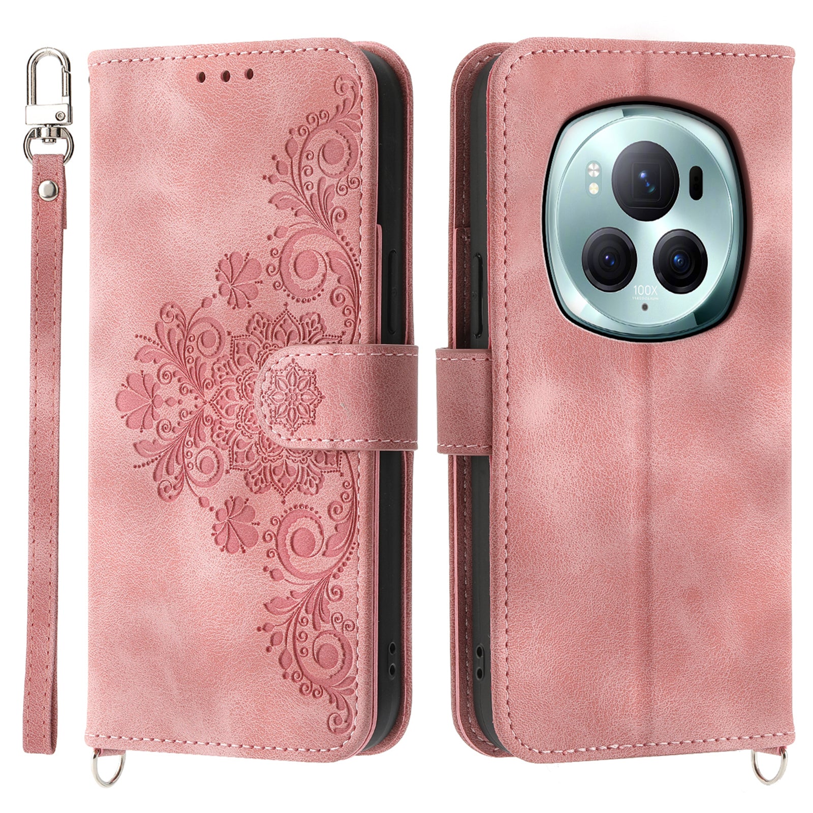 For Honor Magic6 Pro 5G Wallet Case Flower Pattern PU Leather Crossbody Phone Cover - Pink