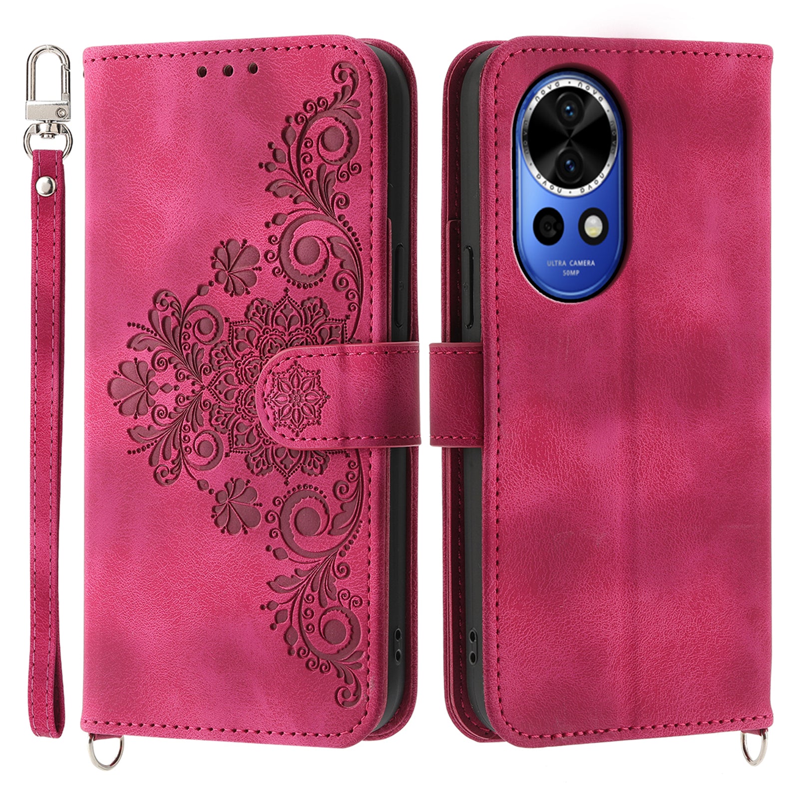 For Huawei nova 12 5G Leather Case Multiple Card Slots Phone Cover with 2 Straps - Wine Red