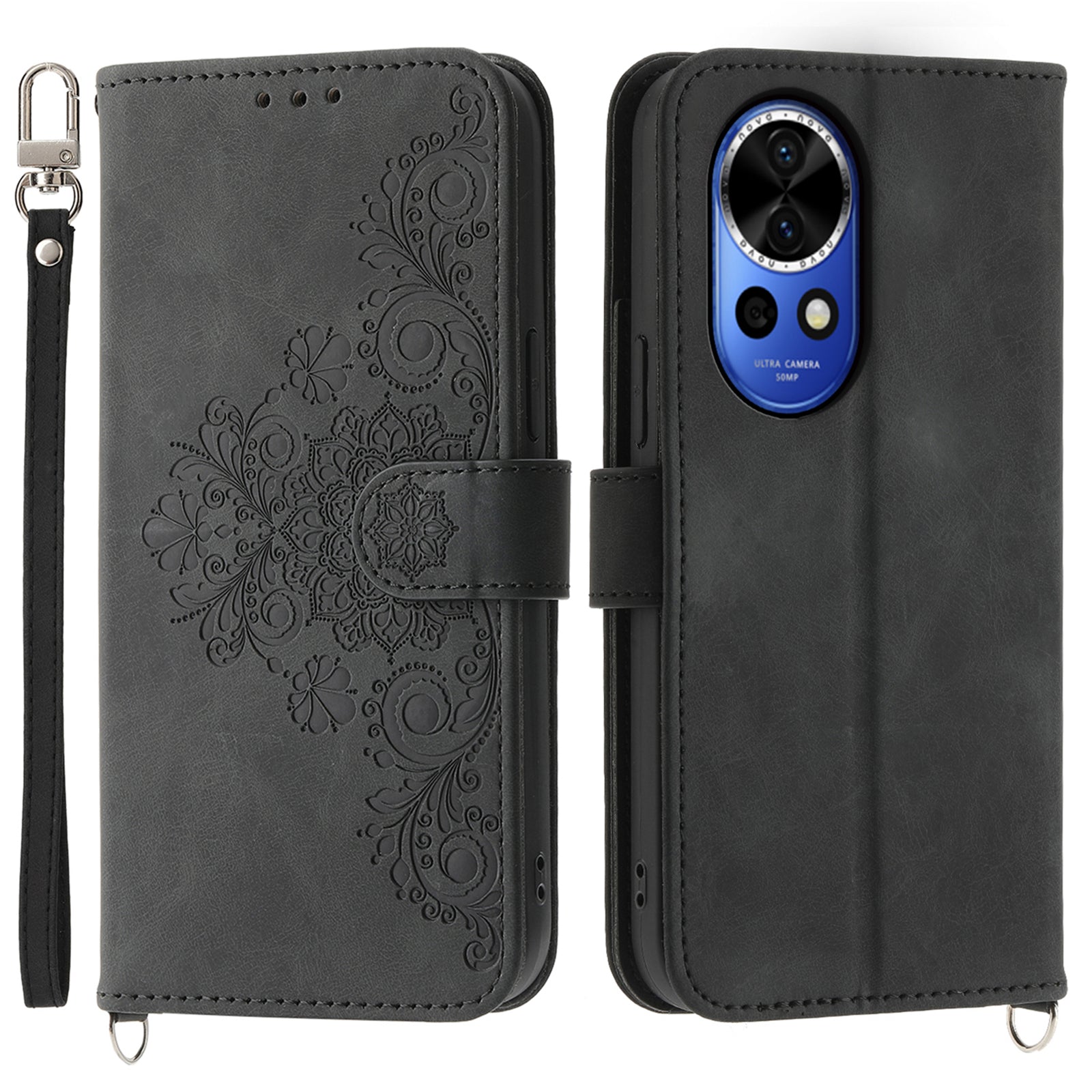For Huawei nova 12 5G Leather Case Multiple Card Slots Phone Cover with 2 Straps - Black