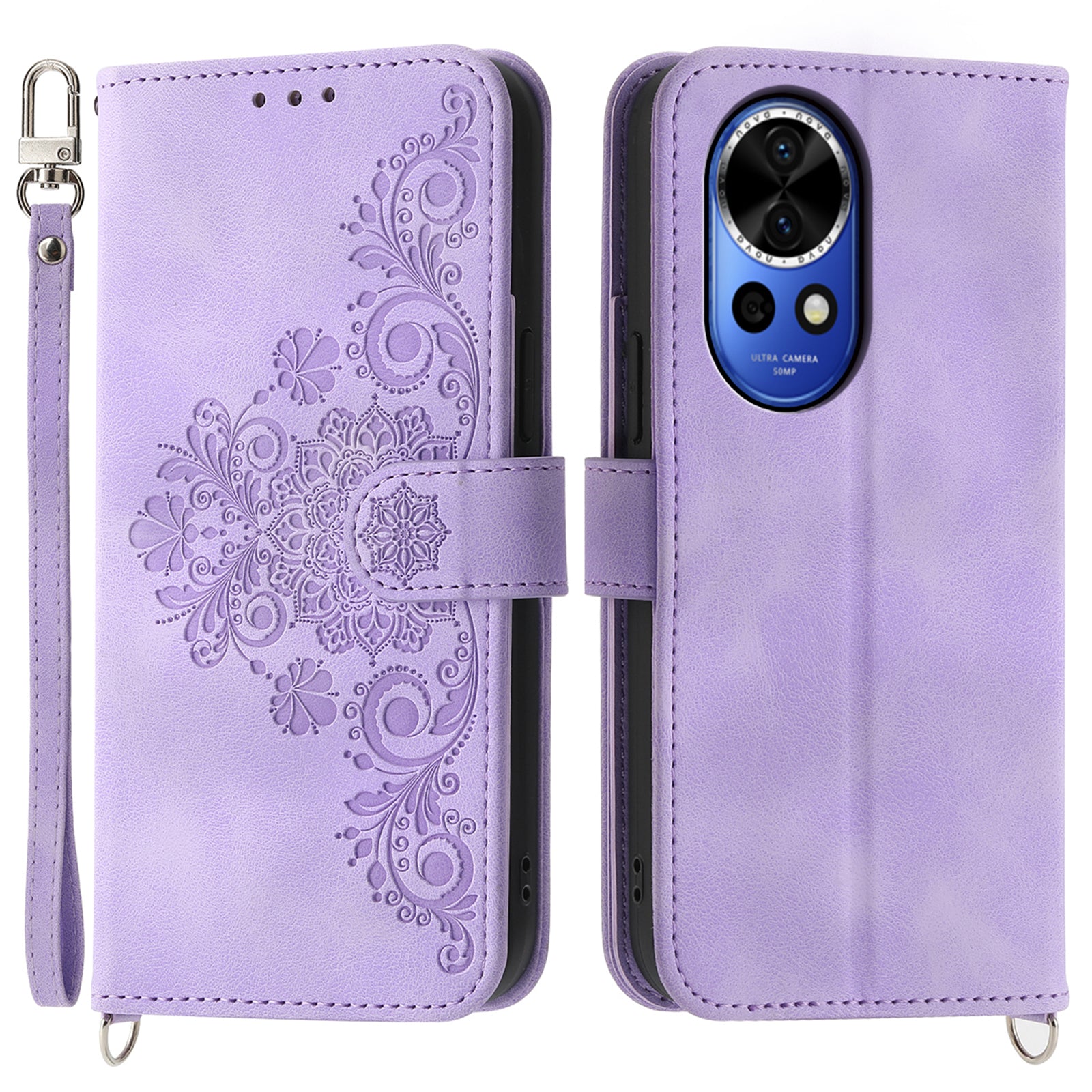 For Huawei nova 12 5G Leather Case Multiple Card Slots Phone Cover with 2 Straps - Light Purple