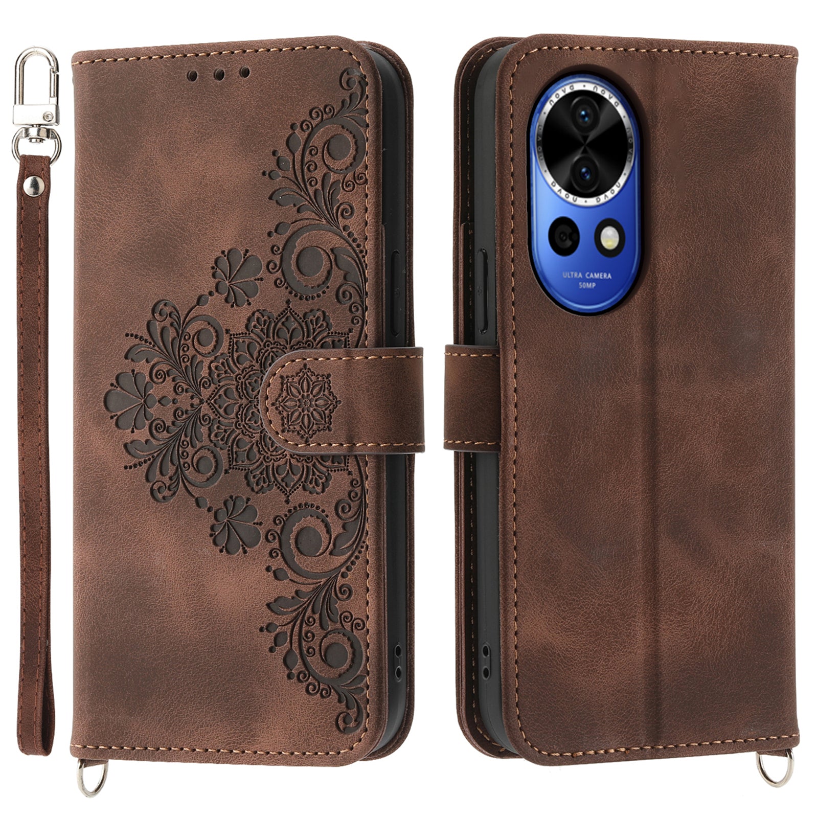 For Huawei nova 12 5G Leather Case Multiple Card Slots Phone Cover with 2 Straps - Brown