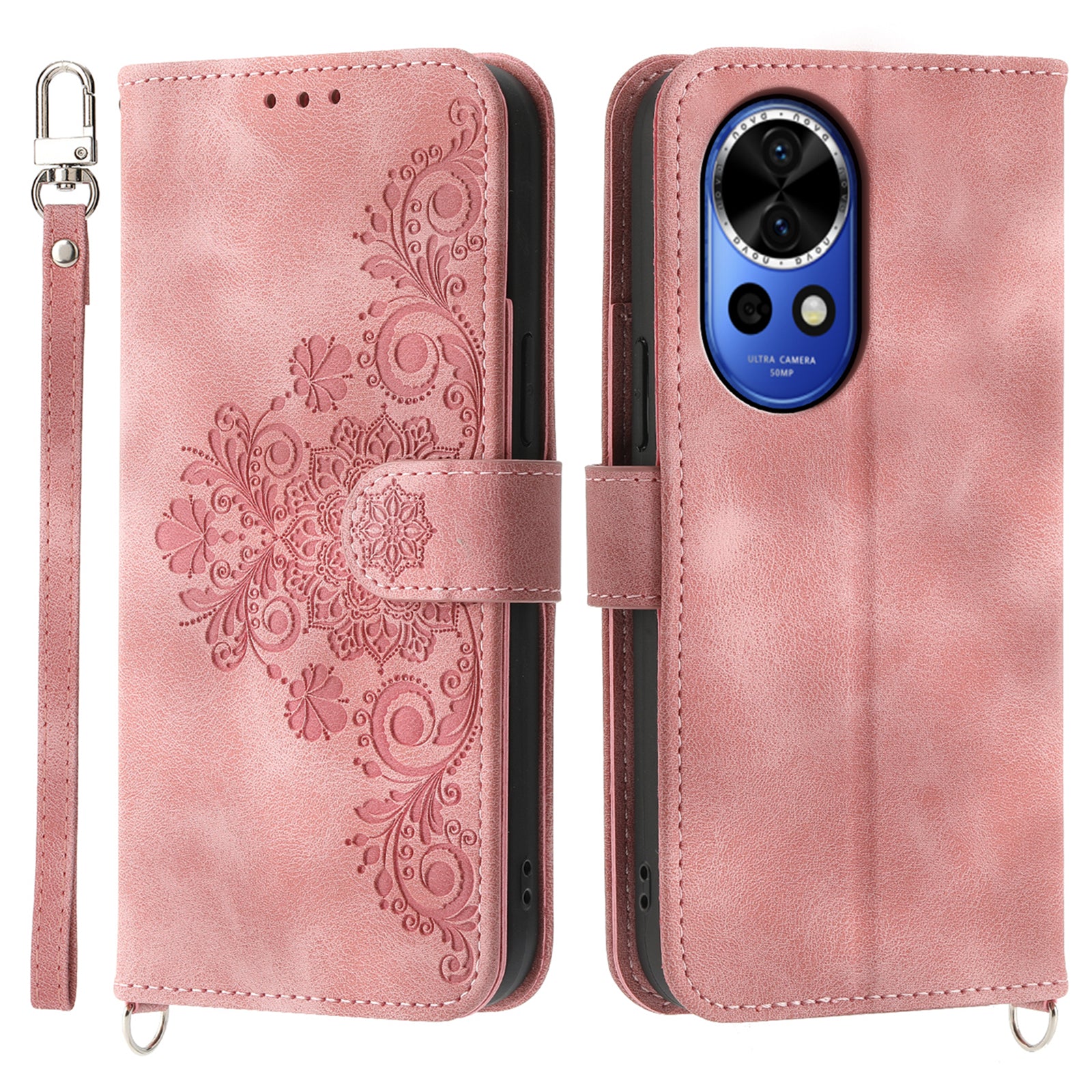 For Huawei nova 12 5G Leather Case Multiple Card Slots Phone Cover with 2 Straps - Pink