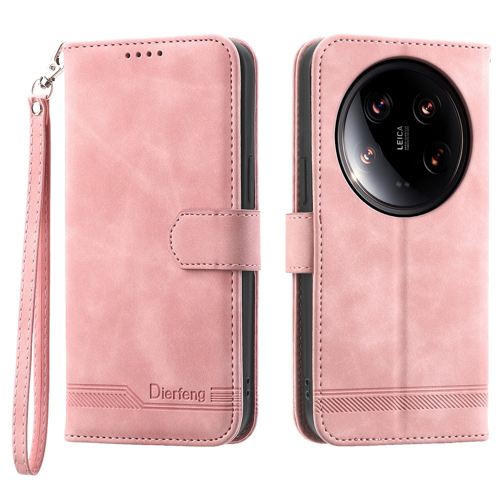 DIERFENG DF-03 Wallet Case for Xiaomi 14 Ultra Phone Shell Lines Imprinted Flip Stand Cover - Pink