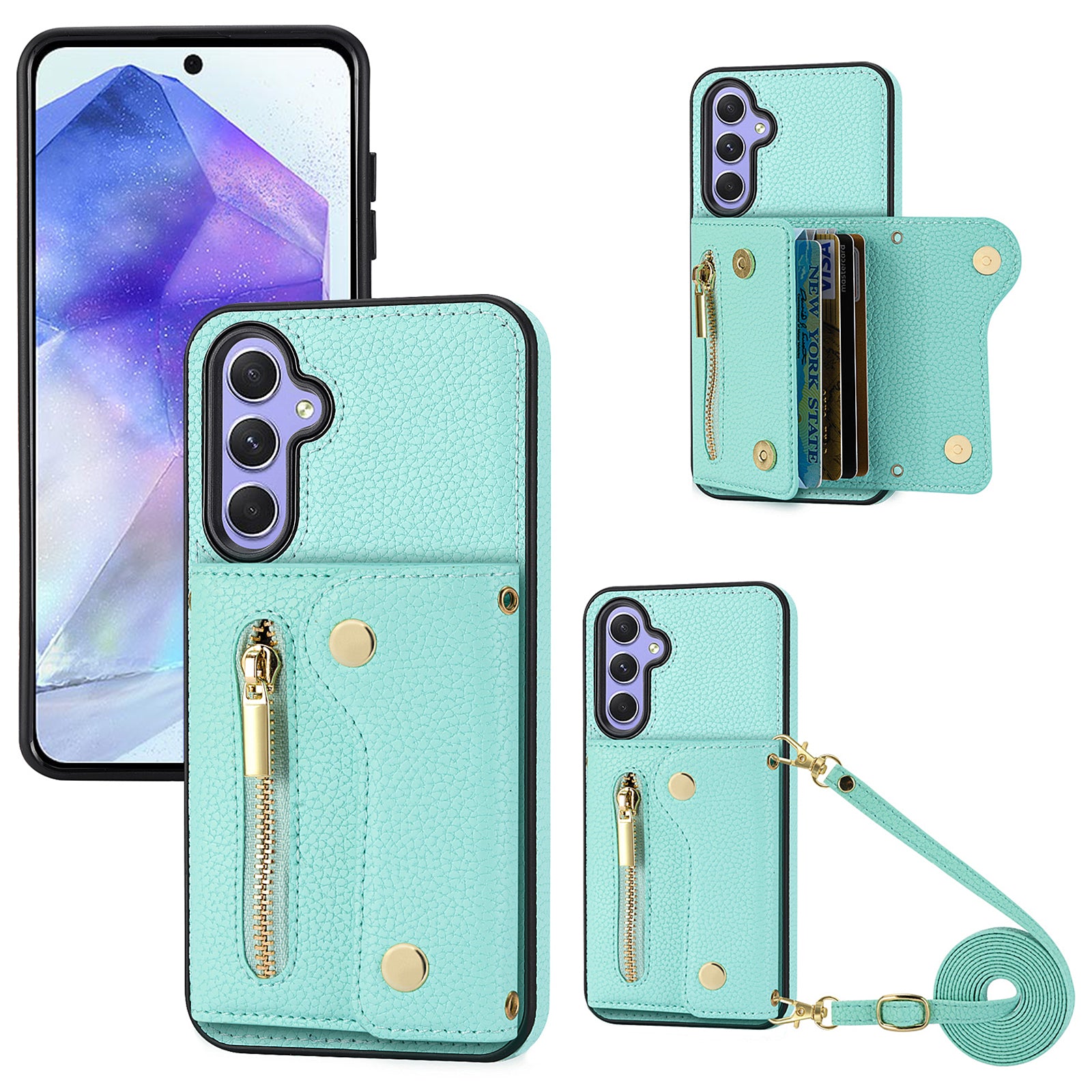 Wallet Case for Samsung Galaxy A55 5G DF-09 Anti-drop Crossbody Card Holder Cover - Mint Green