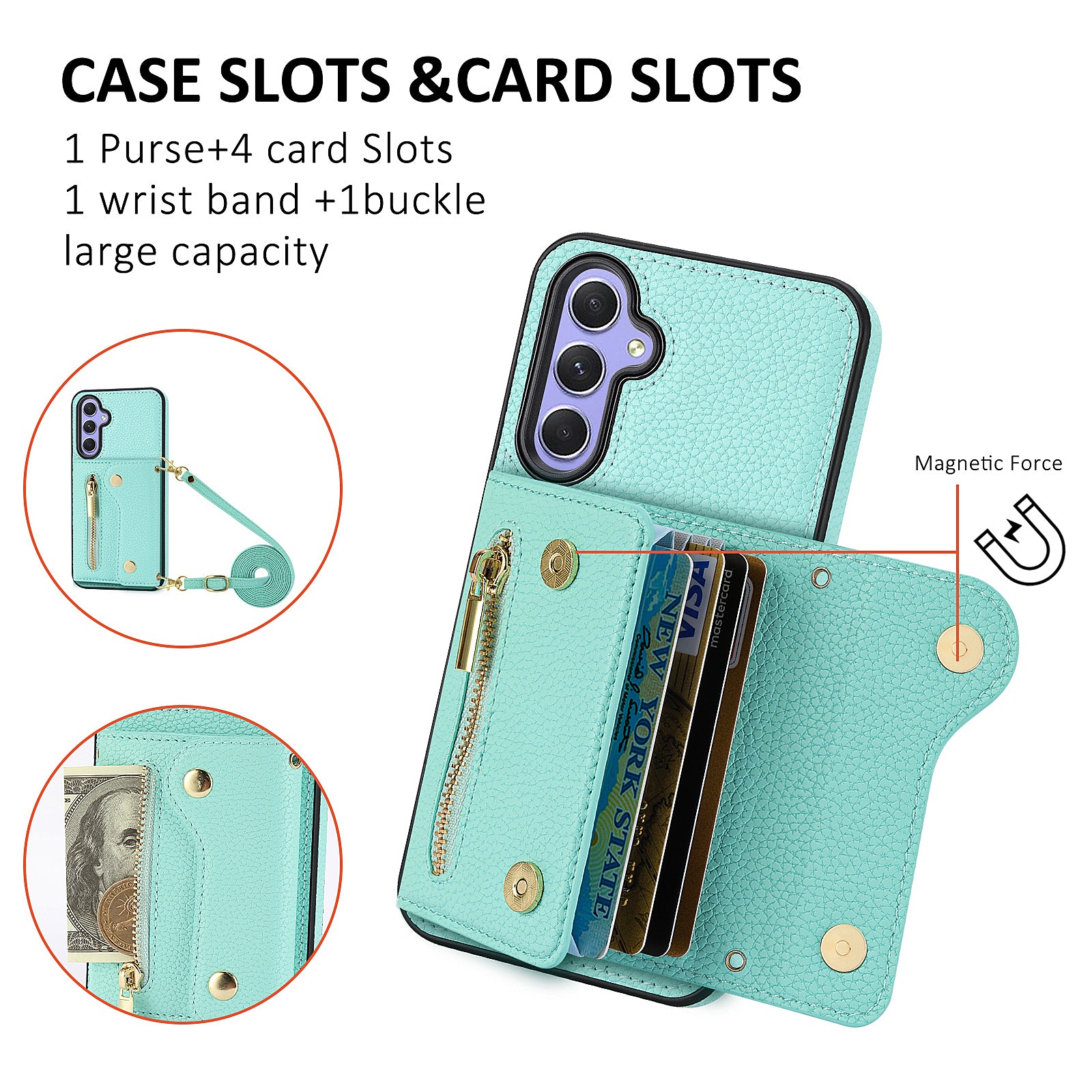 Wallet Case for Samsung Galaxy A55 5G DF-09 Anti-drop Crossbody Card Holder Cover - Mint Green