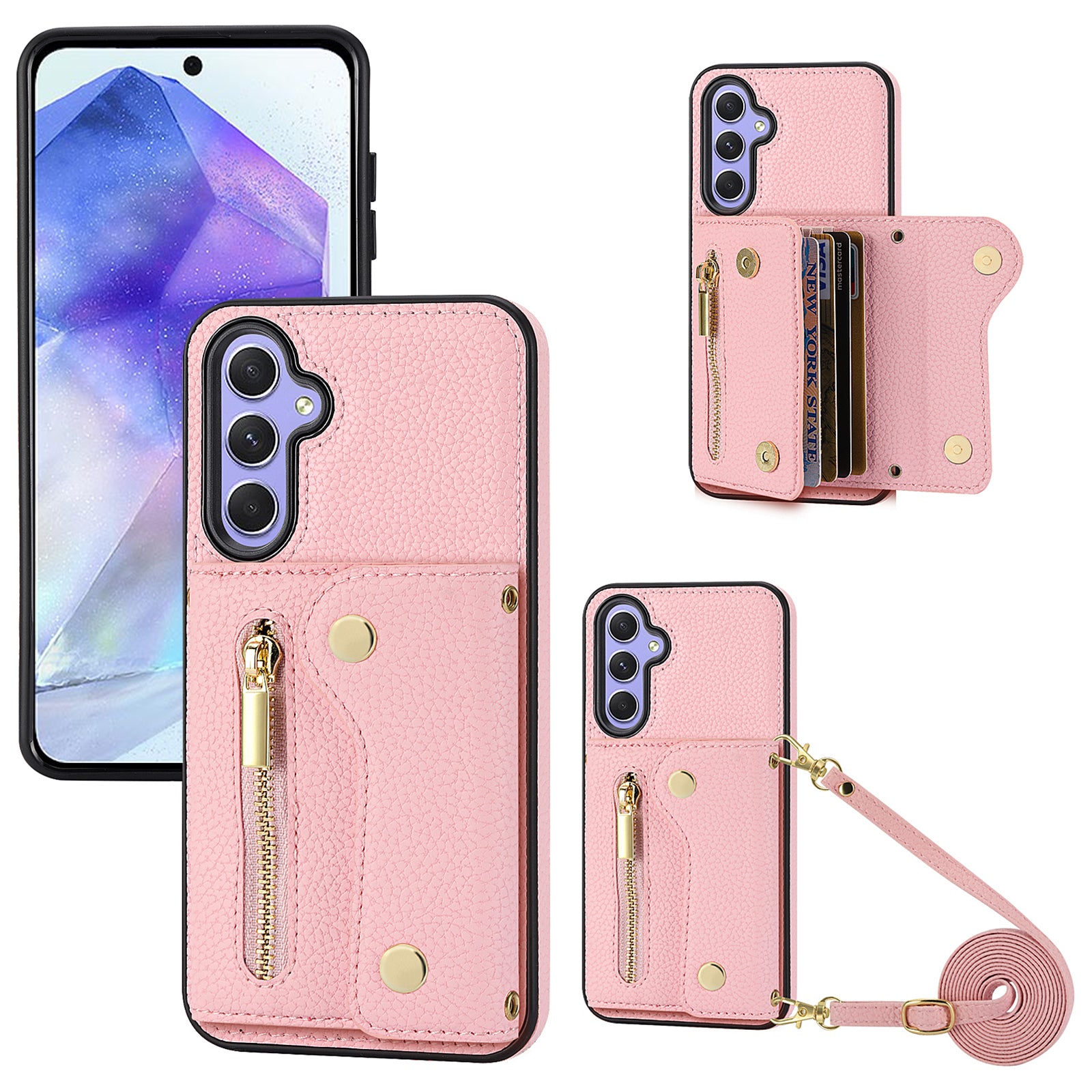 Wallet Case for Samsung Galaxy A55 5G DF-09 Anti-drop Crossbody Card Holder Cover - Pink