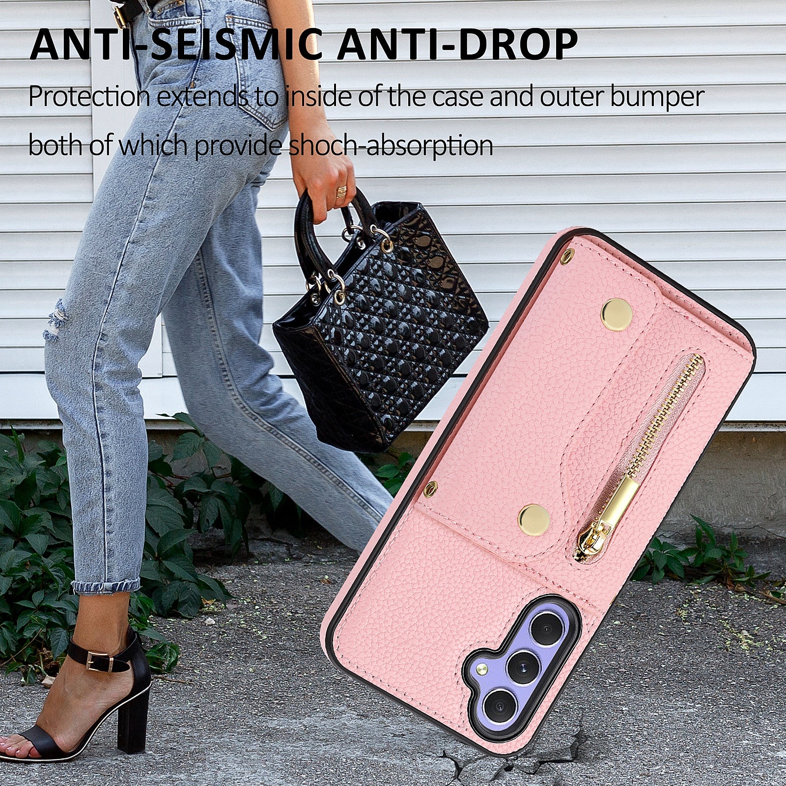 Wallet Case for Samsung Galaxy A55 5G DF-09 Anti-drop Crossbody Card Holder Cover - Pink