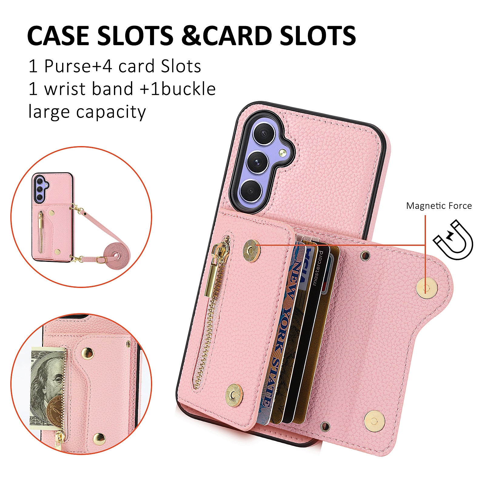 Wallet Case for Samsung Galaxy A55 5G DF-09 Anti-drop Crossbody Card Holder Cover - Pink