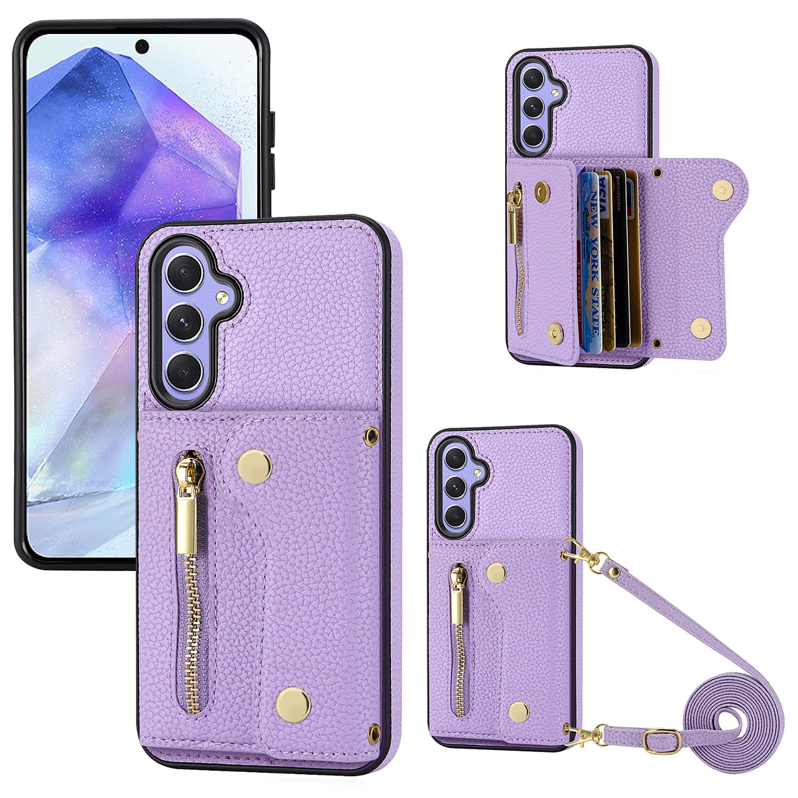 Wallet Case for Samsung Galaxy A55 5G DF-09 Anti-drop Crossbody Card Holder Cover - Purple