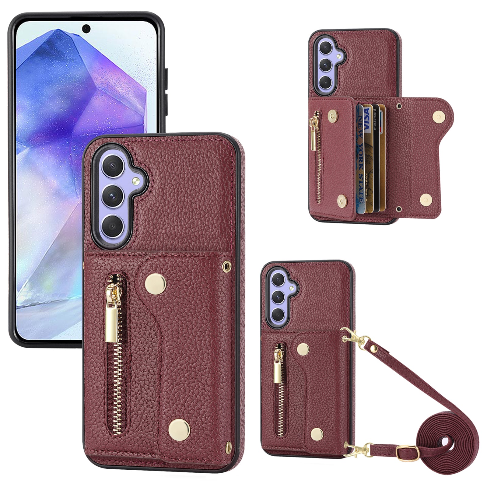 Wallet Case for Samsung Galaxy A55 5G DF-09 Anti-drop Crossbody Card Holder Cover - Wine Red