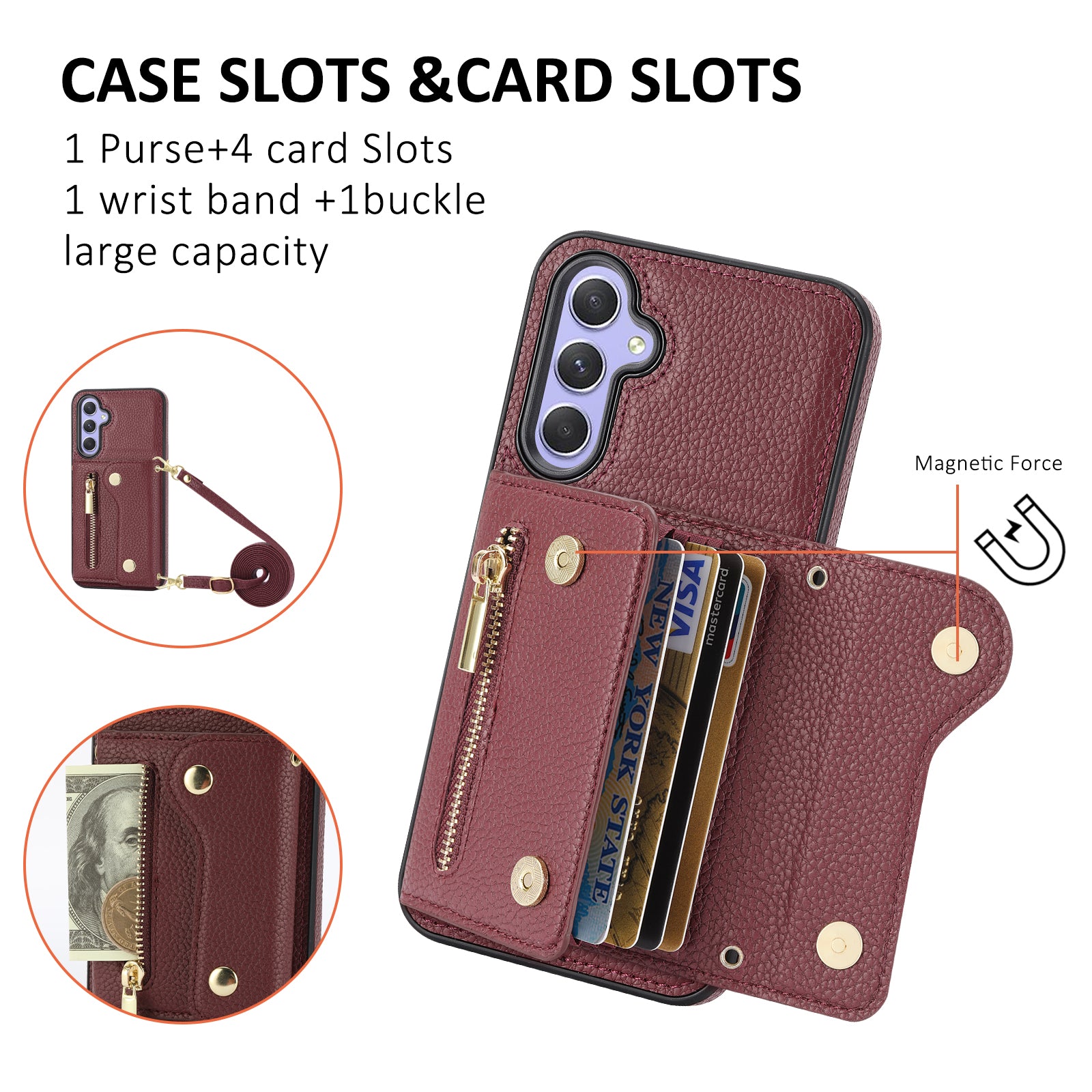 Wallet Case for Samsung Galaxy A55 5G DF-09 Anti-drop Crossbody Card Holder Cover - Wine Red