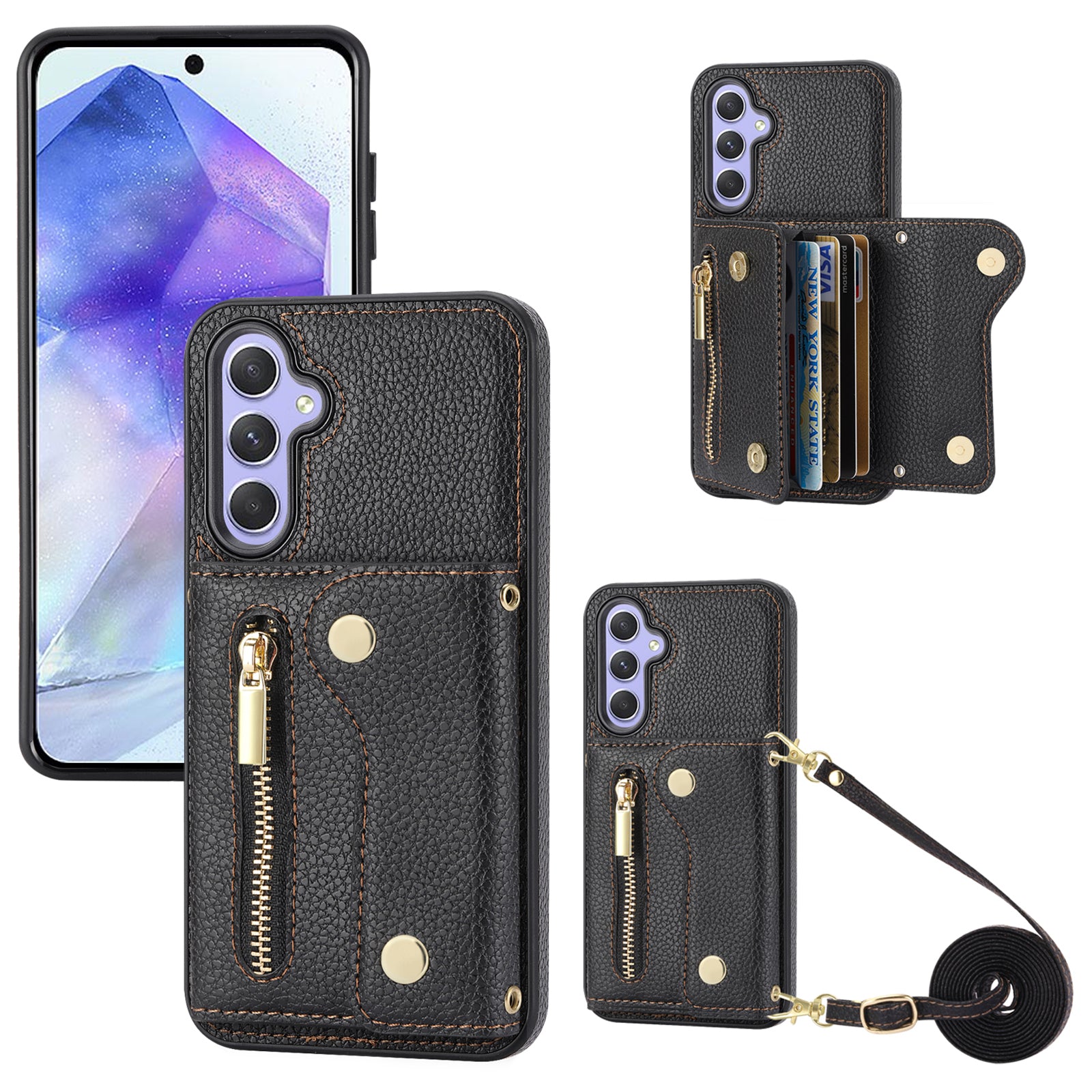 Wallet Case for Samsung Galaxy A55 5G DF-09 Anti-drop Crossbody Card Holder Cover - Black