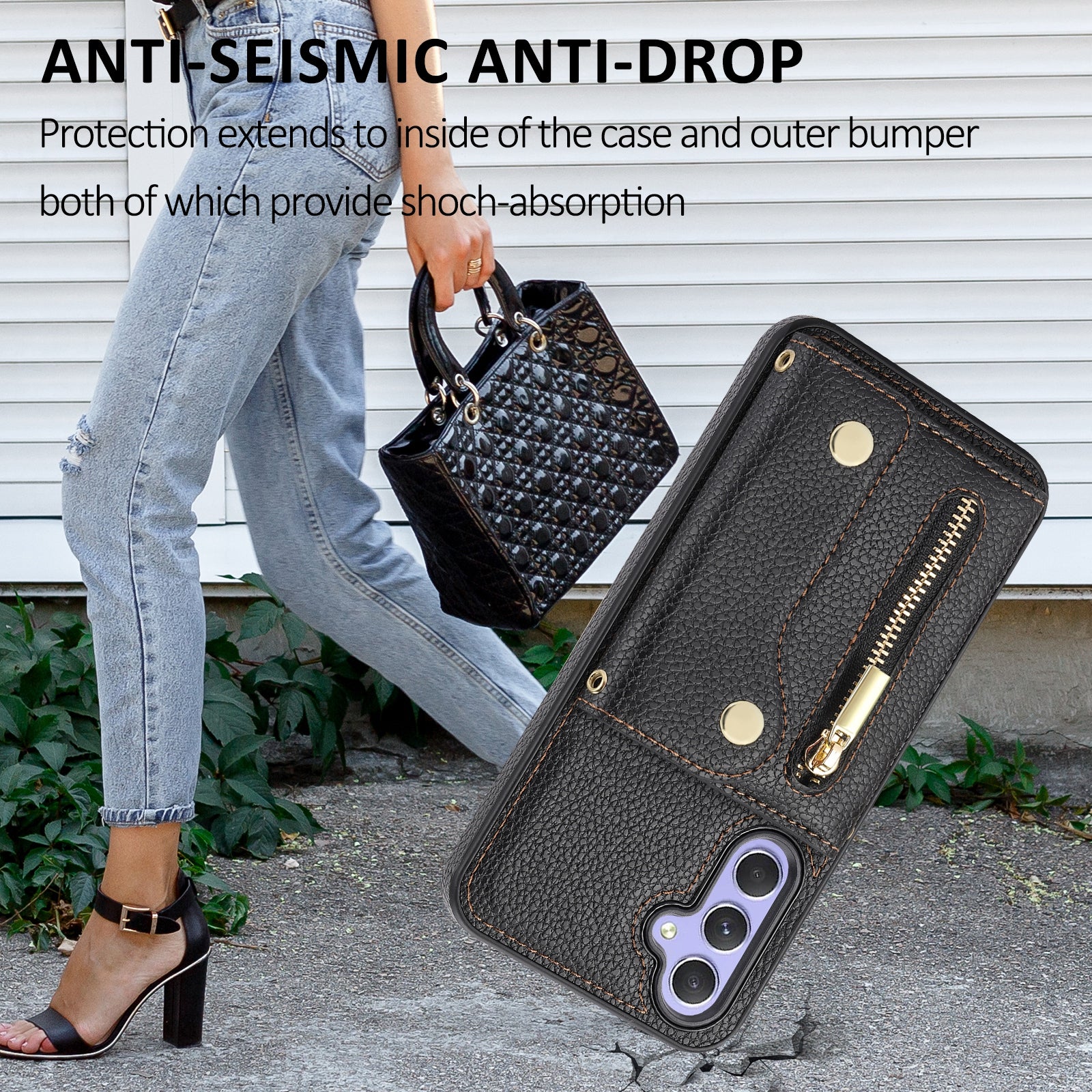 Wallet Case for Samsung Galaxy A55 5G DF-09 Anti-drop Crossbody Card Holder Cover - Black