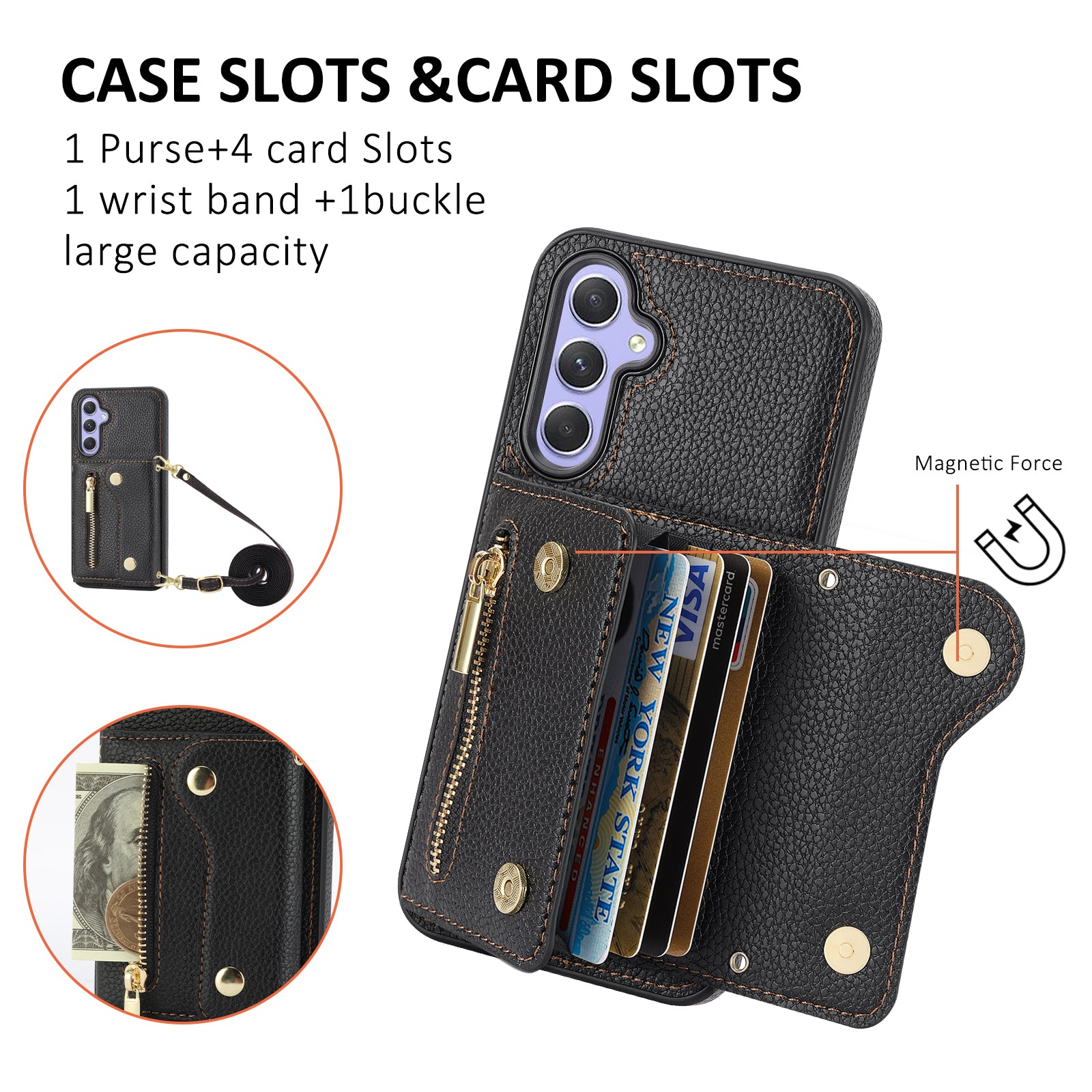 Wallet Case for Samsung Galaxy A55 5G DF-09 Anti-drop Crossbody Card Holder Cover - Black