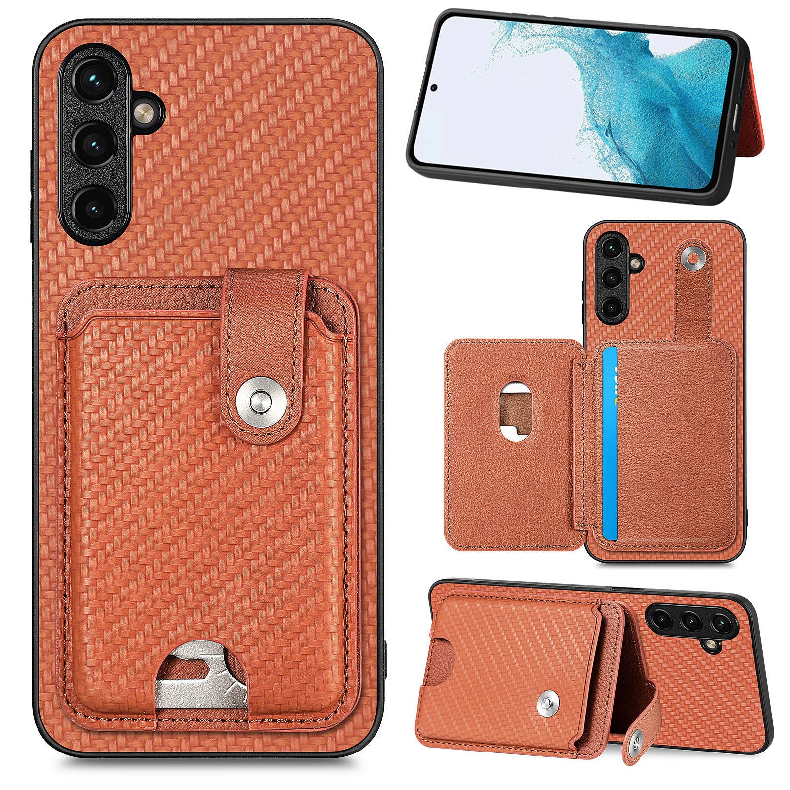 C1-06 For Samsung Galaxy A55 5G Case Carbon Fiber Texture Kickstand Phone Cover with Card Knife Tool - Brown