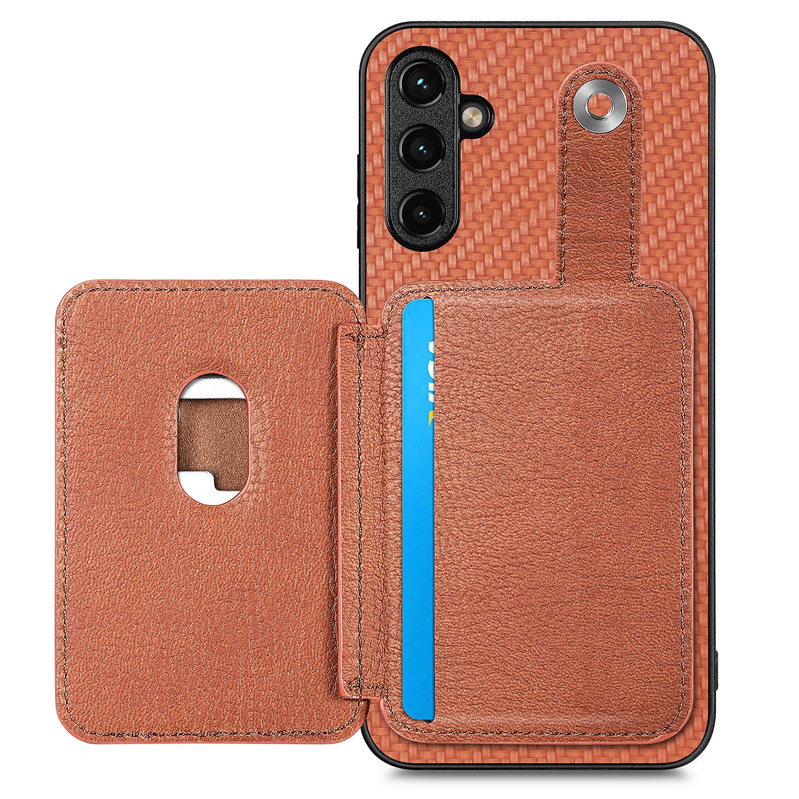 C1-06 For Samsung Galaxy A55 5G Case Carbon Fiber Texture Kickstand Phone Cover with Card Knife Tool - Brown