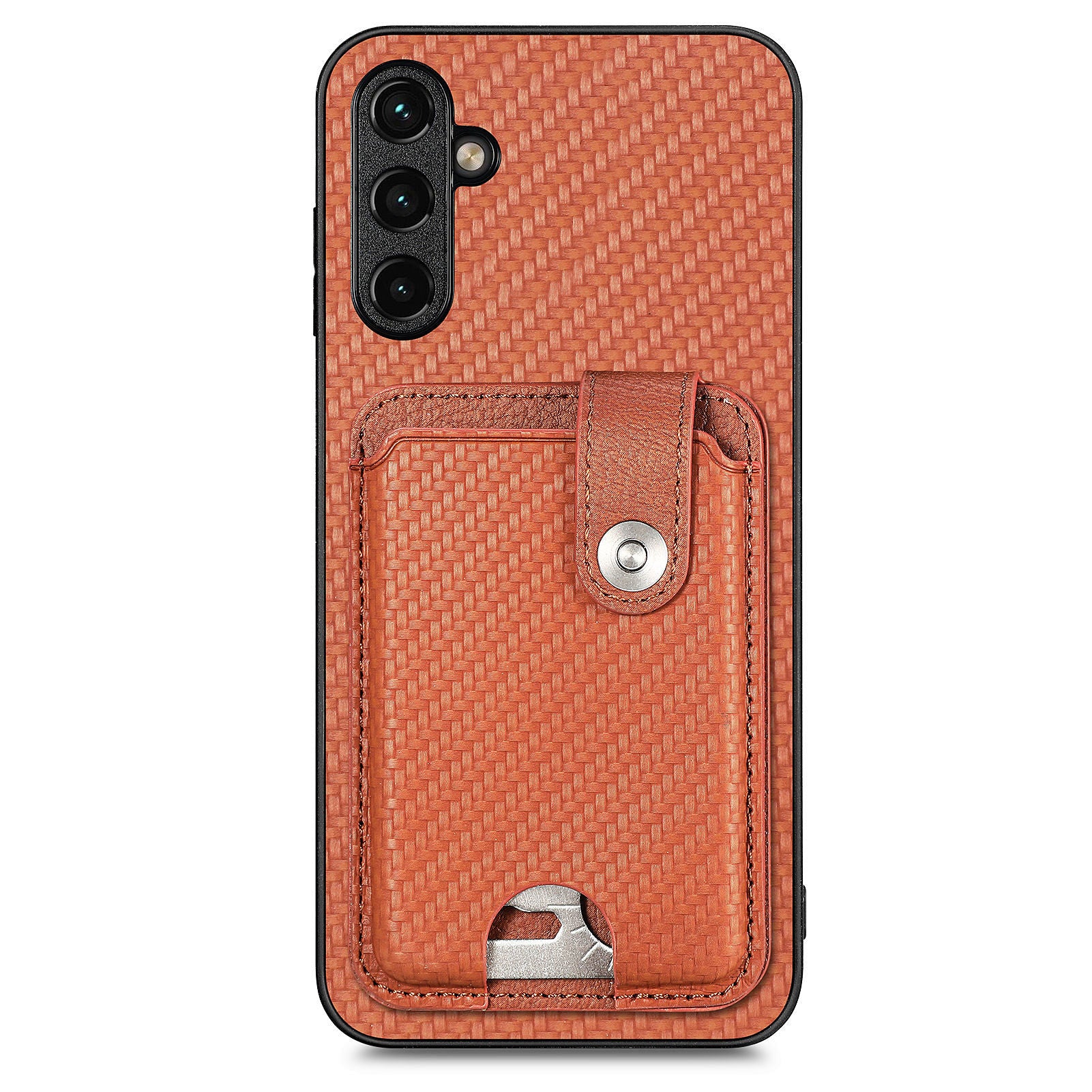 C1-06 For Samsung Galaxy A55 5G Case Carbon Fiber Texture Kickstand Phone Cover with Card Knife Tool - Brown