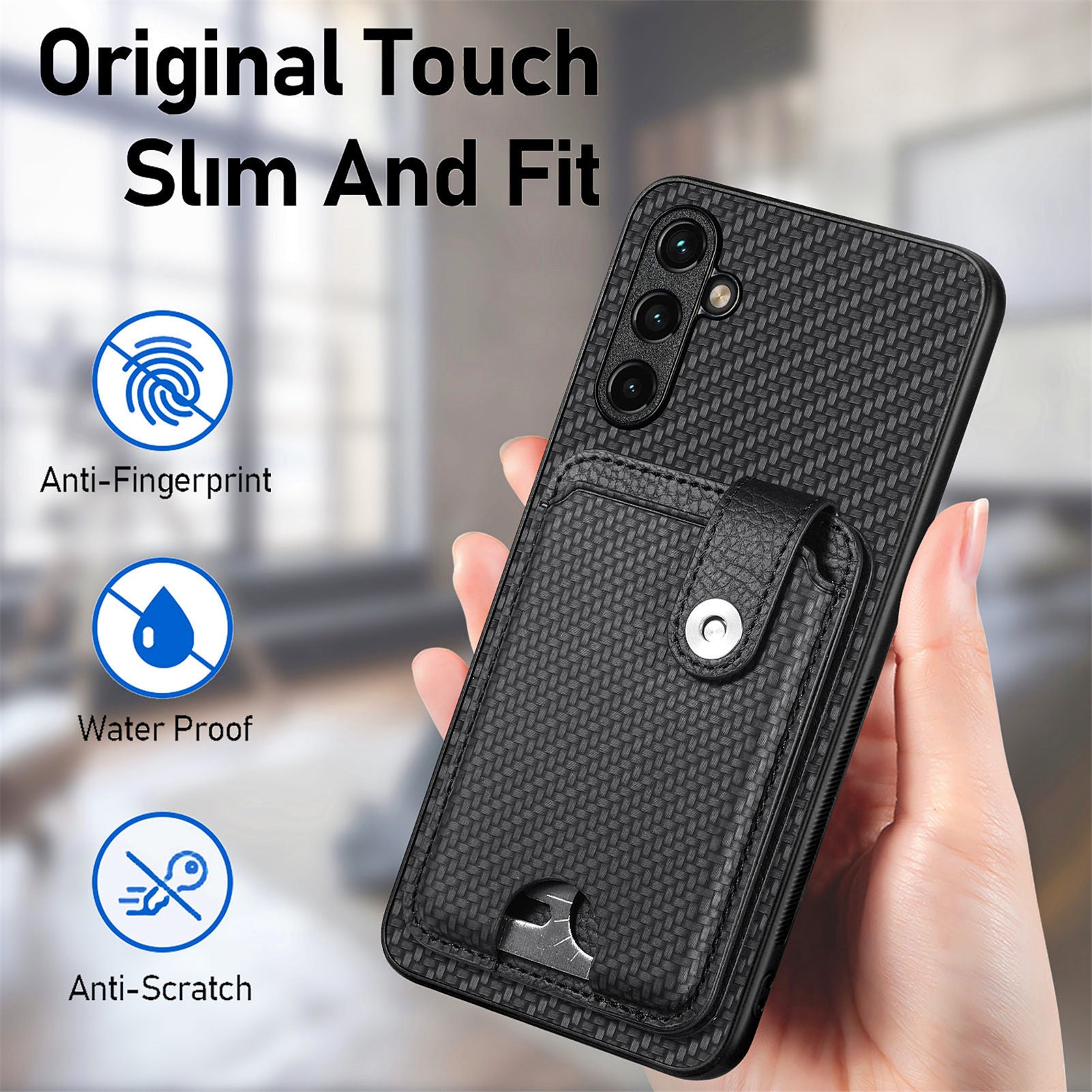 C1-06 For Samsung Galaxy A55 5G Case Carbon Fiber Texture Kickstand Phone Cover with Card Knife Tool - Brown