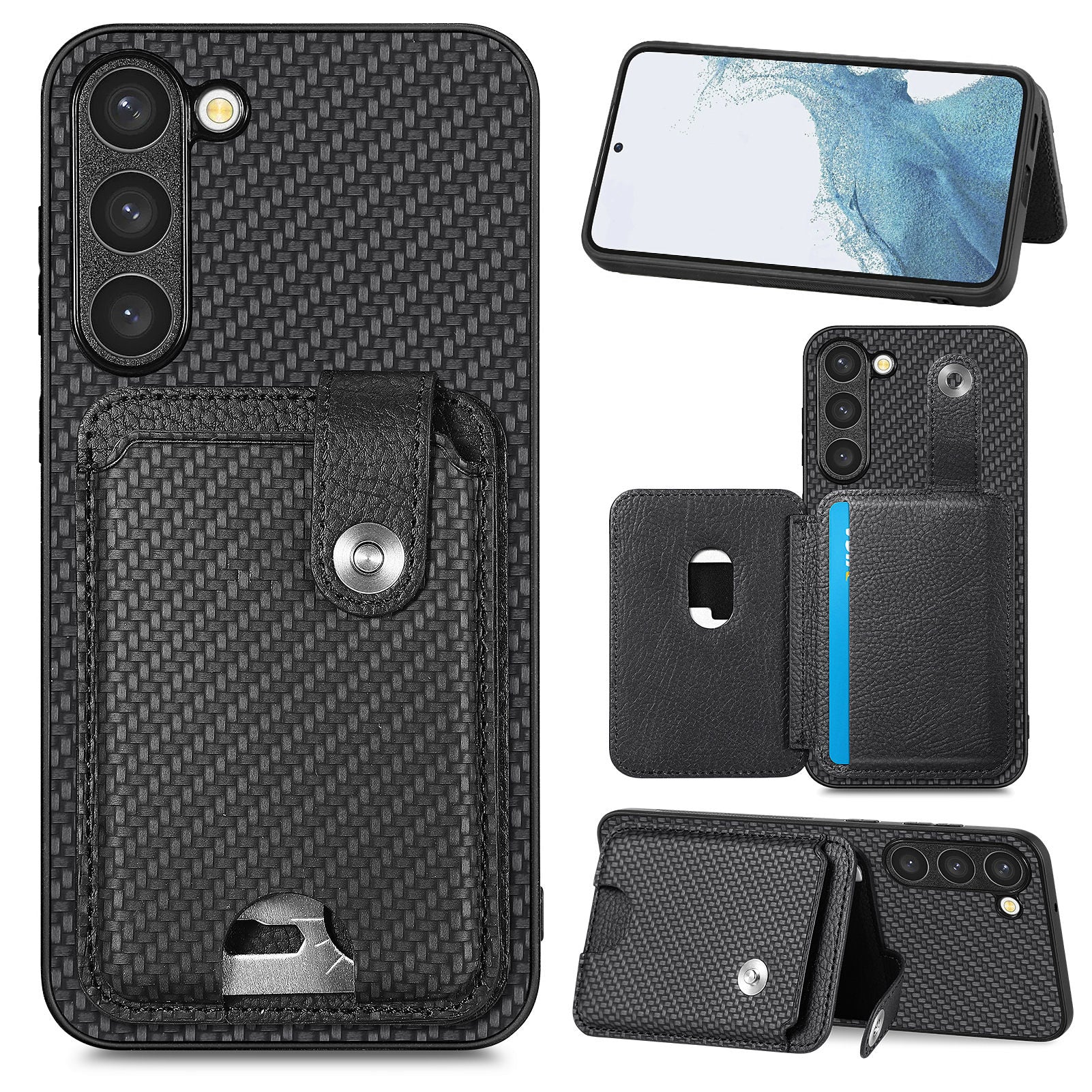 C1-06 For Samsung Galaxy S23 Case Card Slots Kickstand Leather Coating Phone Cover with Card Knife - Black