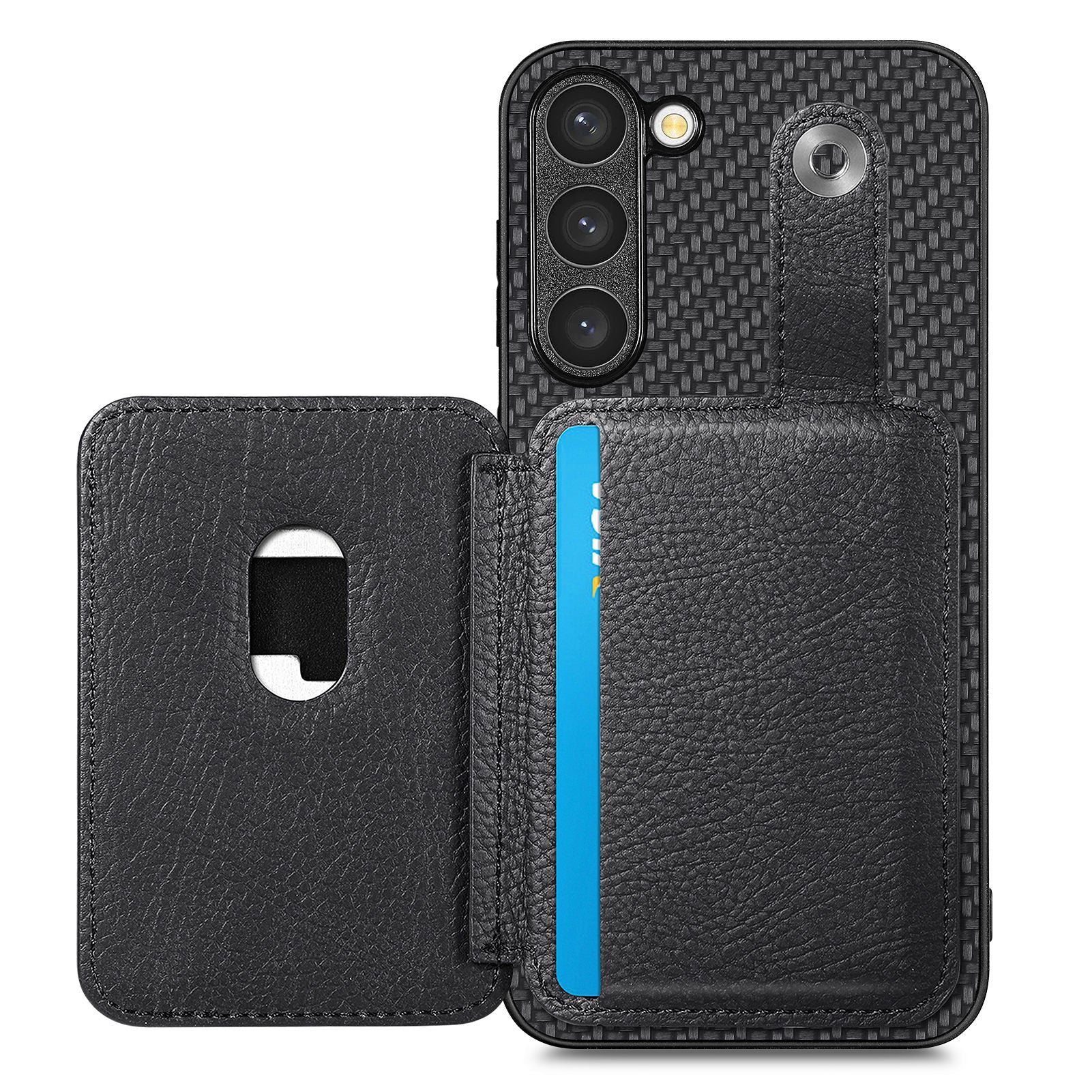 C1-06 For Samsung Galaxy S23 Case Card Slots Kickstand Leather Coating Phone Cover with Card Knife - Black