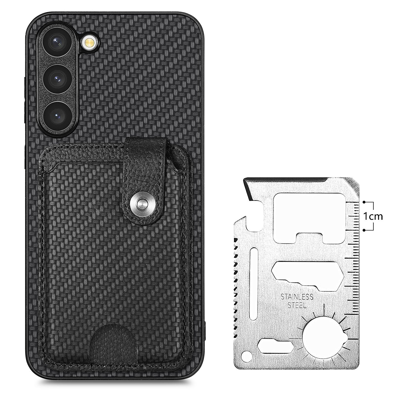 C1-06 For Samsung Galaxy S23 Case Card Slots Kickstand Leather Coating Phone Cover with Card Knife - Black