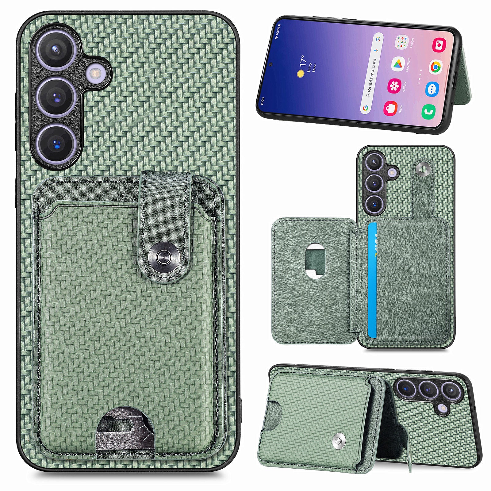 C1-06 For Samsung Galaxy S24 Case Card Slots Kickstand Phone Cover with Card Knife Tool - Green