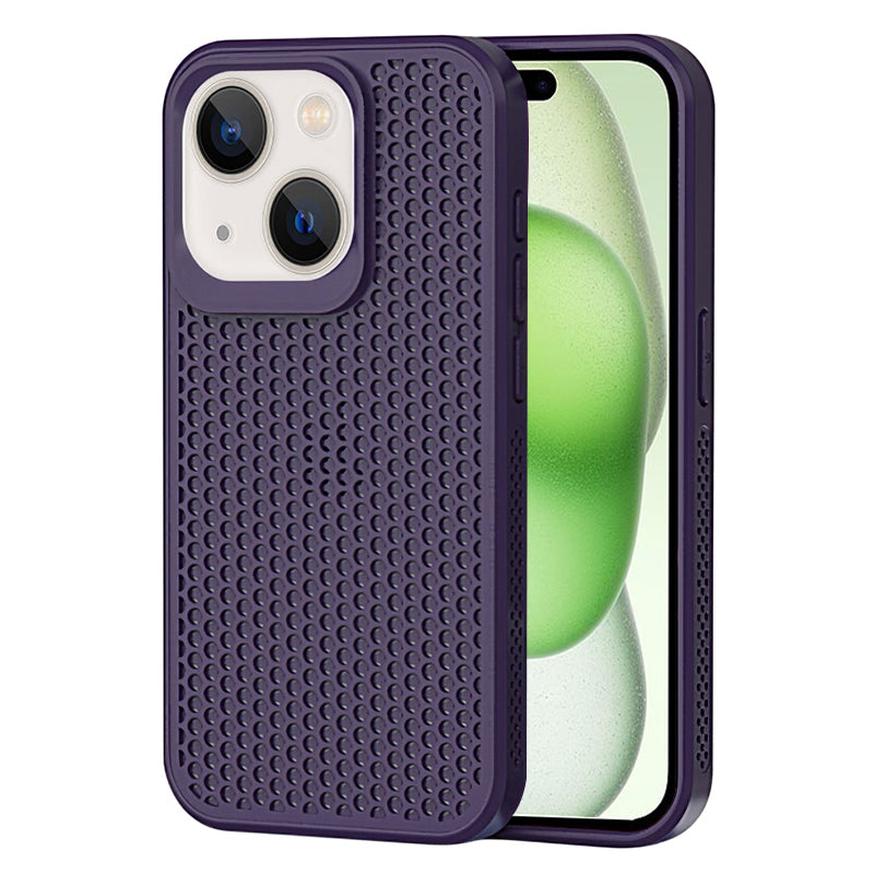 For iPhone 15 Plus Case Breathable Heat Dissipation Hollow PC+TPU Hybrid Phone Cover - Dark Purple