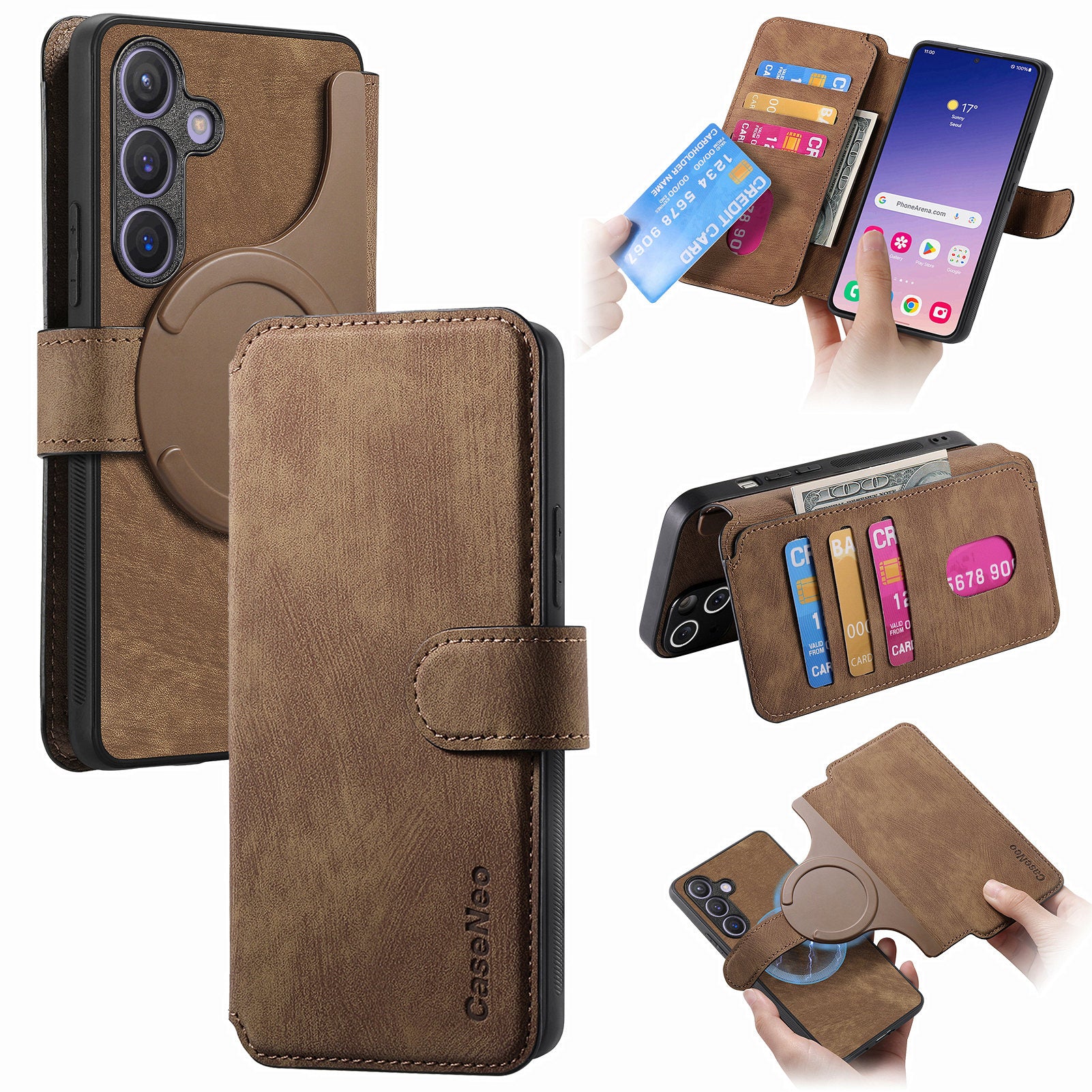 CASENEO MW-03 For Samsung Galaxy S24 Wallet Case Leather+TPU Magnetic Detachable Phone Cover - Brown