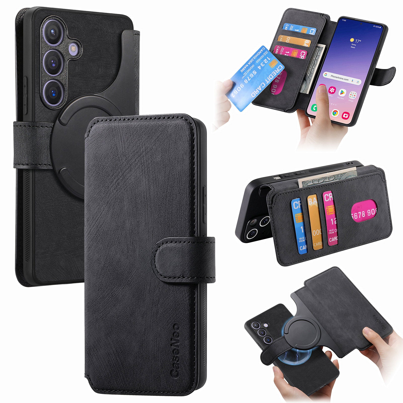 CASENEO MW-03 For Samsung Galaxy S24 Wallet Case Leather+TPU Magnetic Detachable Phone Cover - Black