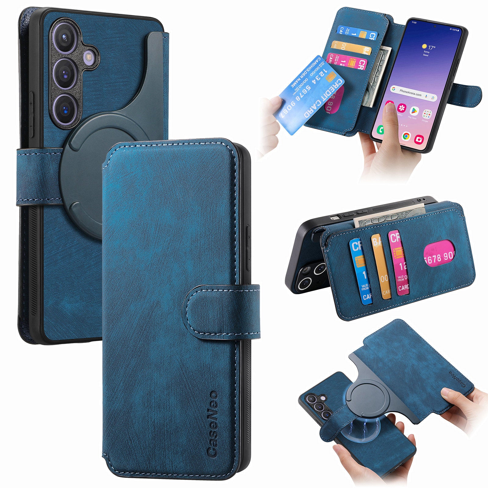 CASENEO MW-03 For Samsung Galaxy S24 Wallet Case Leather+TPU Magnetic Detachable Phone Cover - Dark Blue