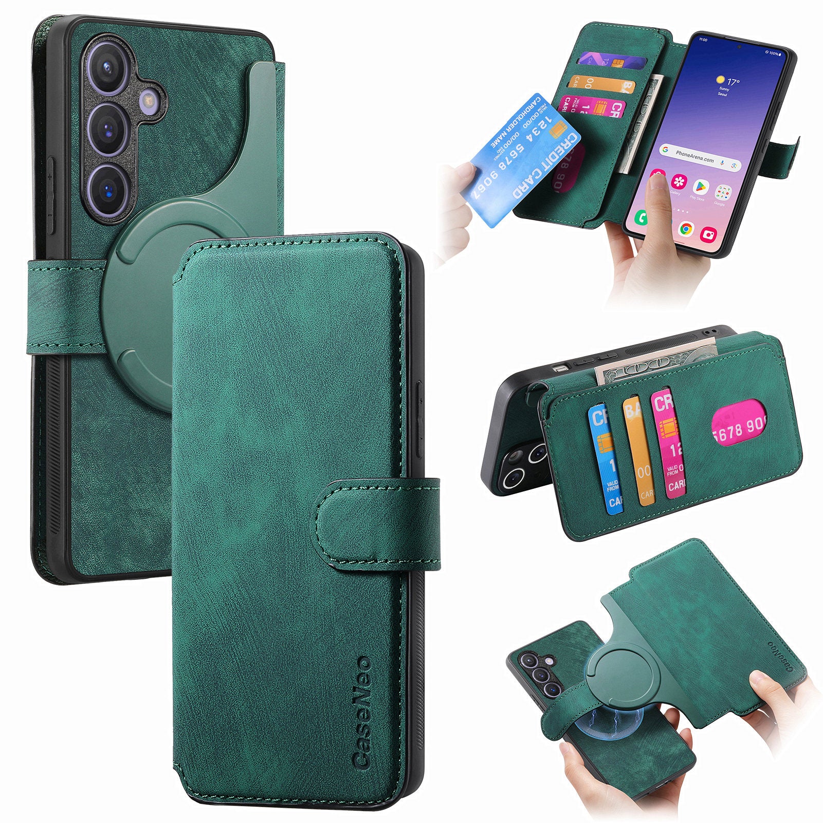 CASENEO MW-03 For Samsung Galaxy S24 Wallet Case Leather+TPU Magnetic Detachable Phone Cover - Green