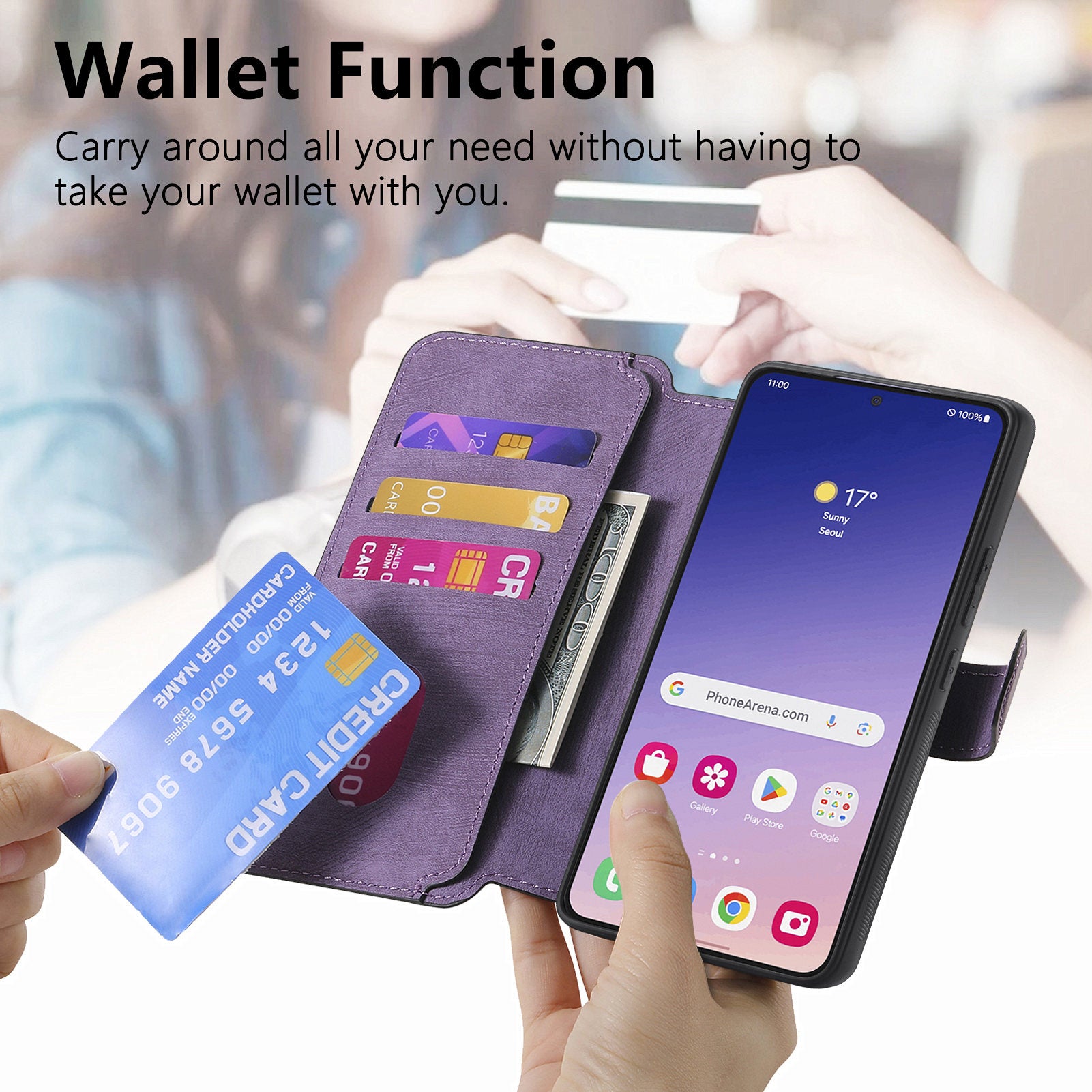 CASENEO MW-03 For Samsung Galaxy S24 Wallet Case Leather+TPU Magnetic Detachable Phone Cover - Purple