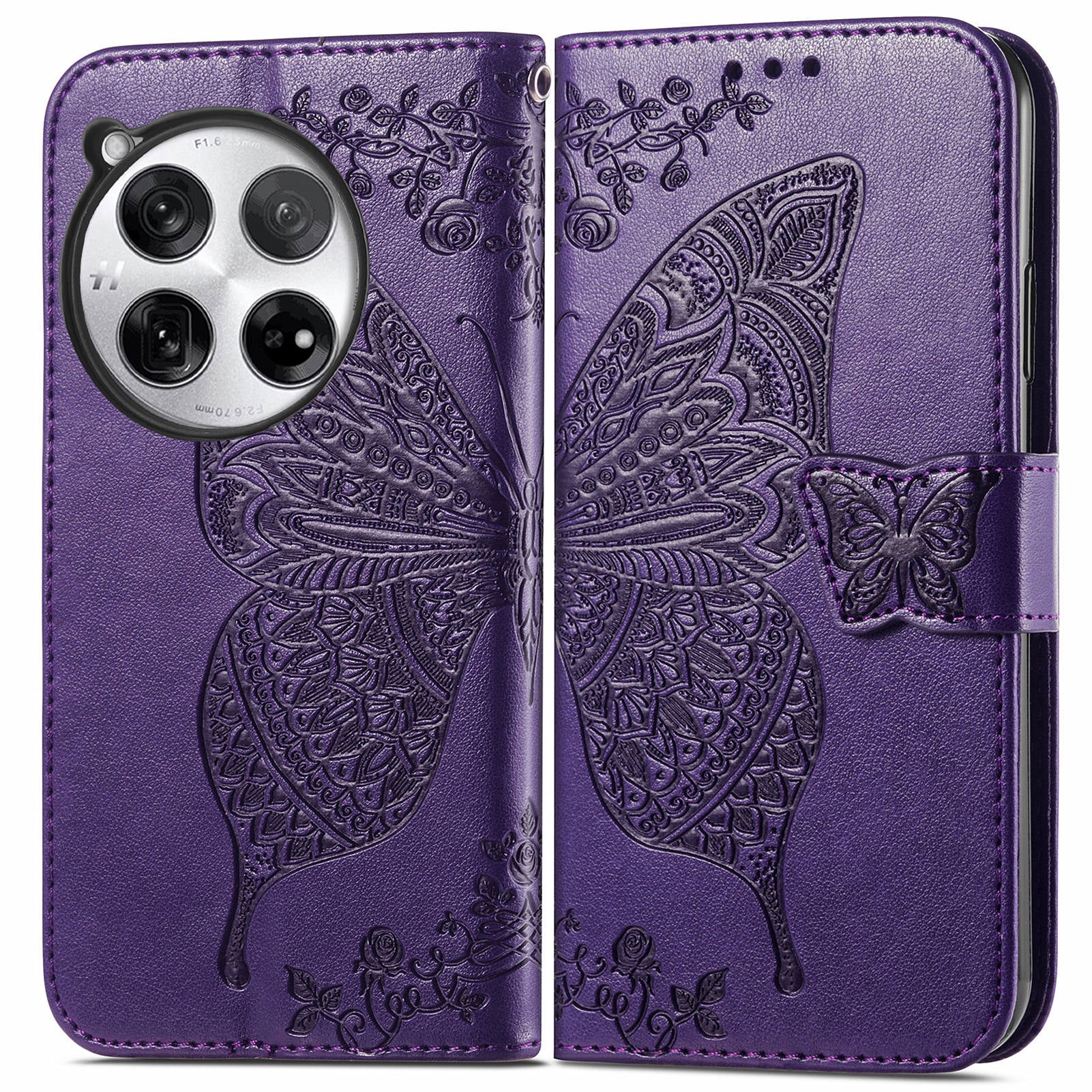 For OnePlus 12 5G Case PU Leather Butterfly Pattern Magnetic Flip Phone Cover - Dark Purple