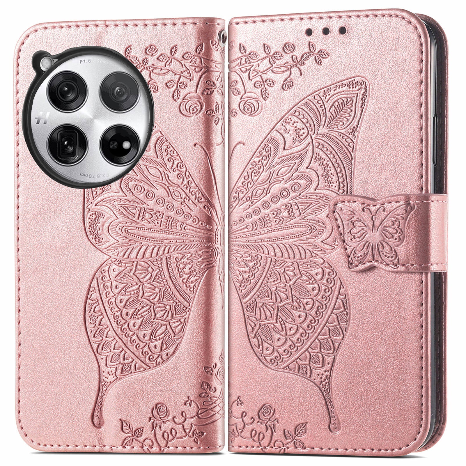 For OnePlus 12 5G Case PU Leather Butterfly Pattern Magnetic Flip Phone Cover - Rose Gold