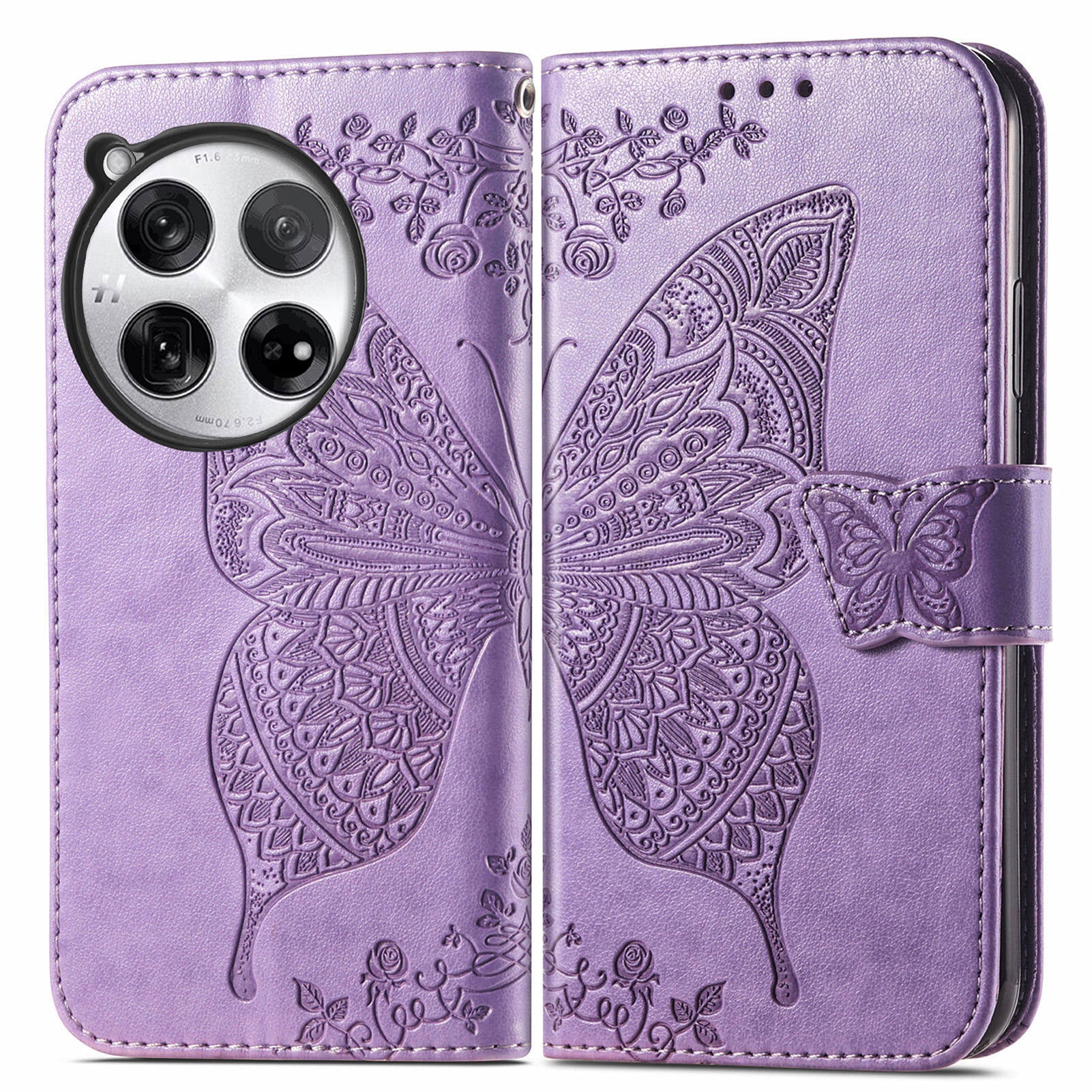 For OnePlus 12 5G Case PU Leather Butterfly Pattern Magnetic Flip Phone Cover - Light Purple