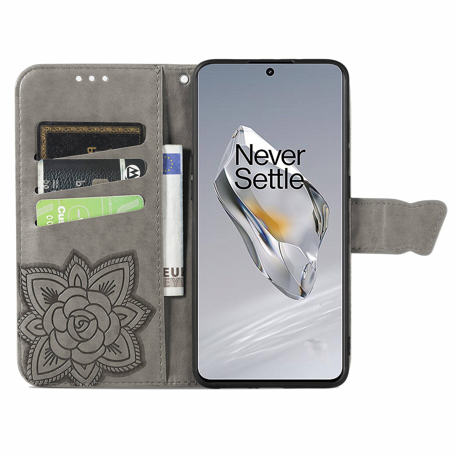 For OnePlus 12 5G Case PU Leather Butterfly Pattern Magnetic Flip Phone Cover - Grey