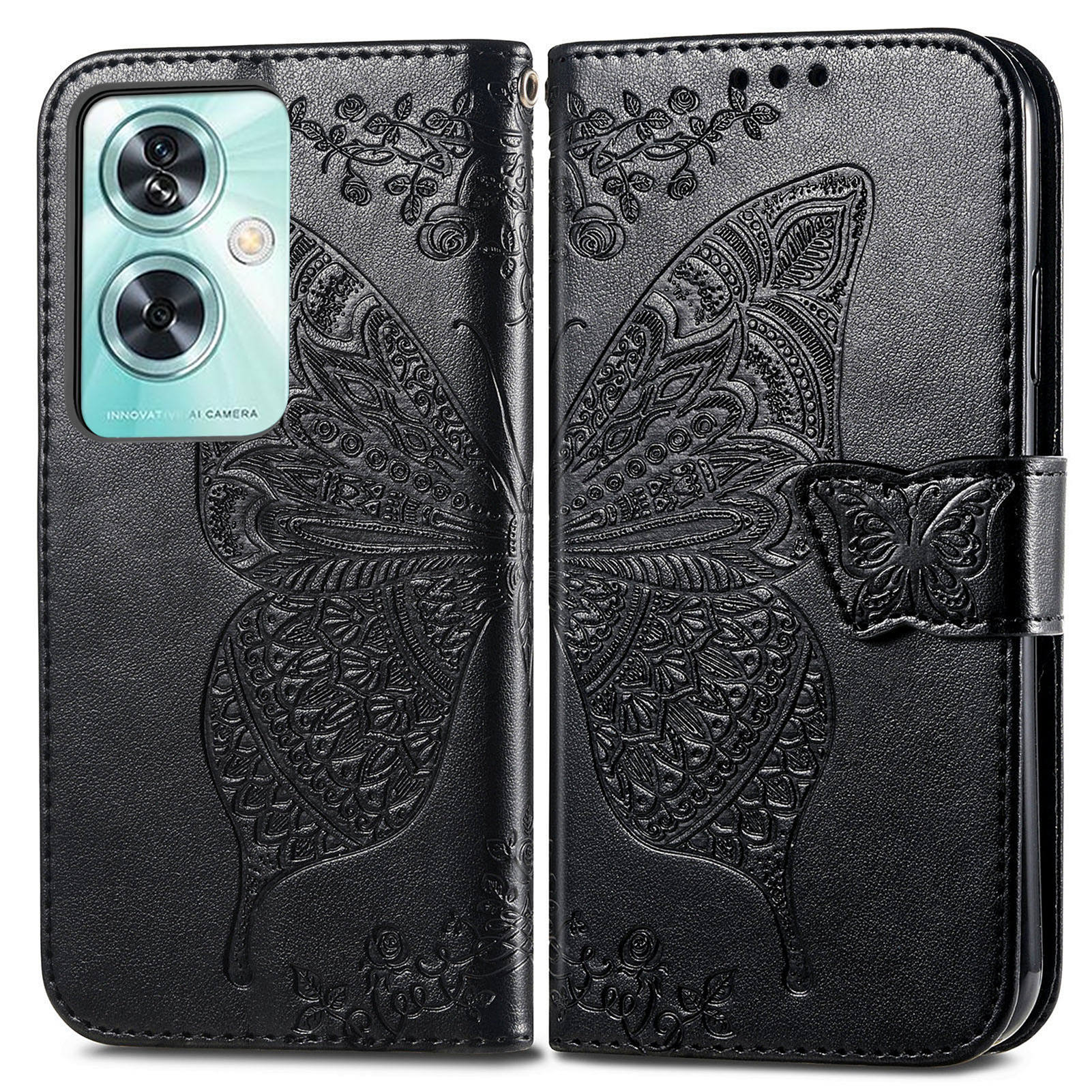 For OnePlus Nord N30 SE 5G Case PU Leather Butterfly Imprinted Stand Card Holders Phone Cover - Black