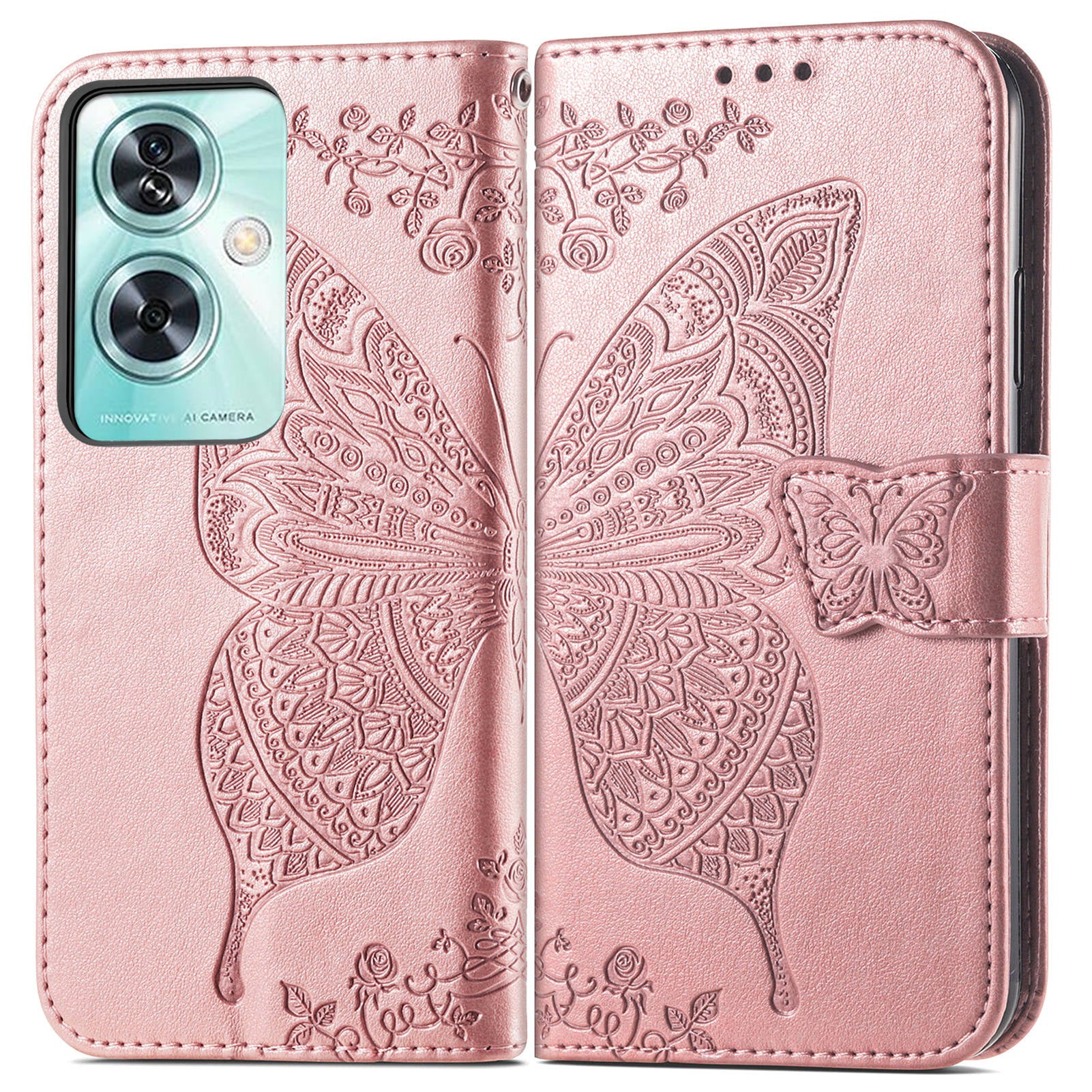 For OnePlus Nord N30 SE 5G Case PU Leather Butterfly Imprinted Stand Card Holders Phone Cover - Rose Gold