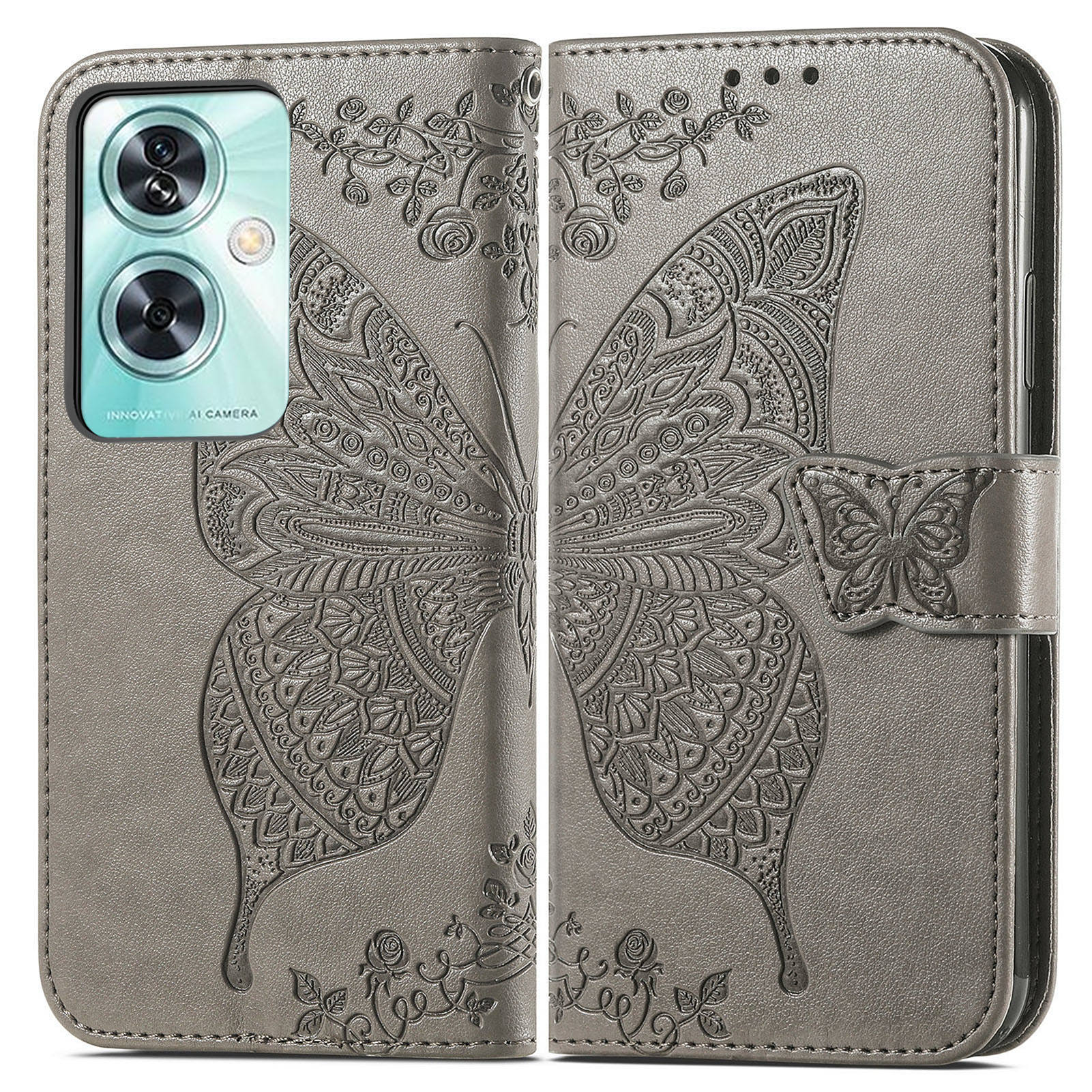 For OnePlus Nord N30 SE 5G Case PU Leather Butterfly Imprinted Stand Card Holders Phone Cover - Grey