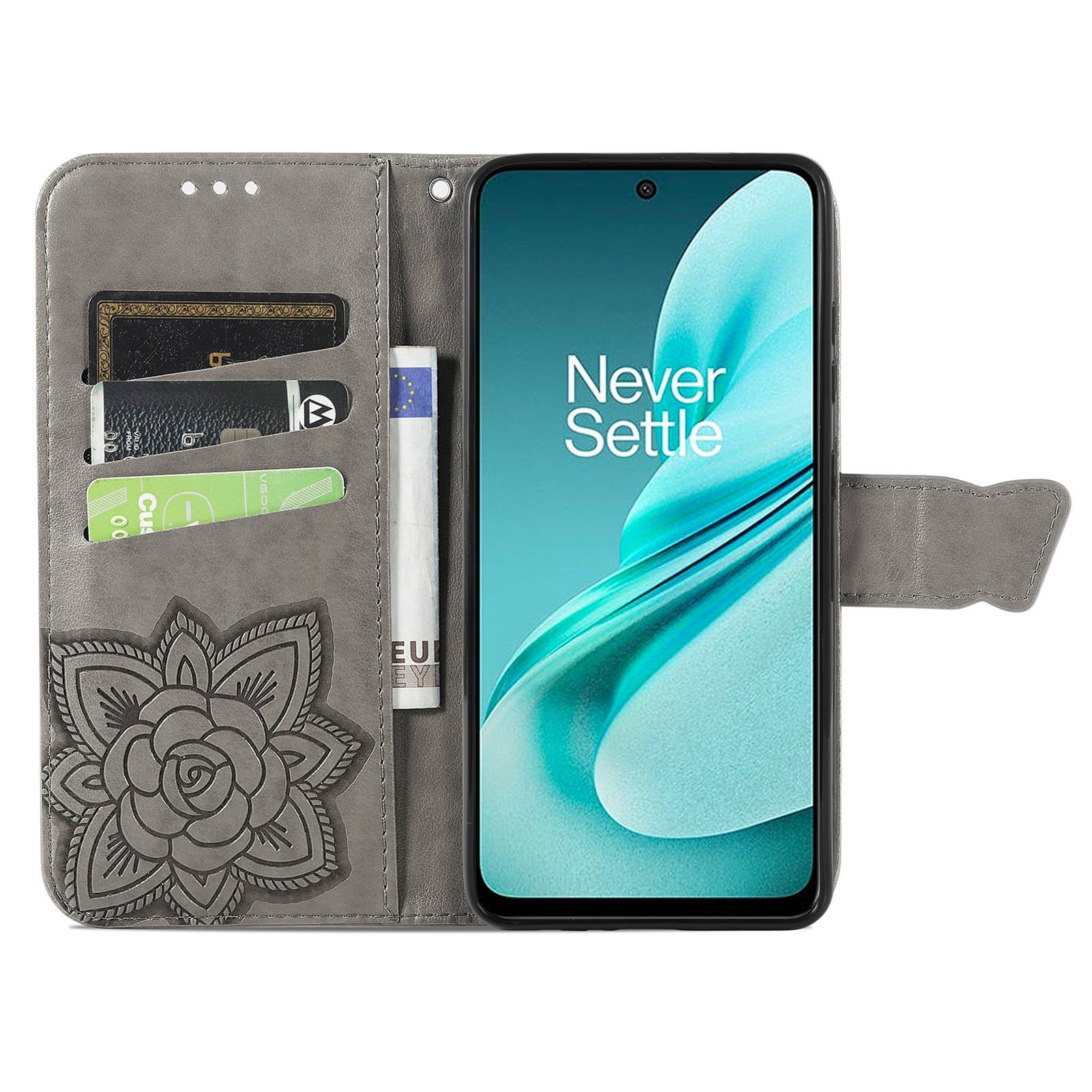 For OnePlus Nord N30 SE 5G Case PU Leather Butterfly Imprinted Stand Card Holders Phone Cover - Grey