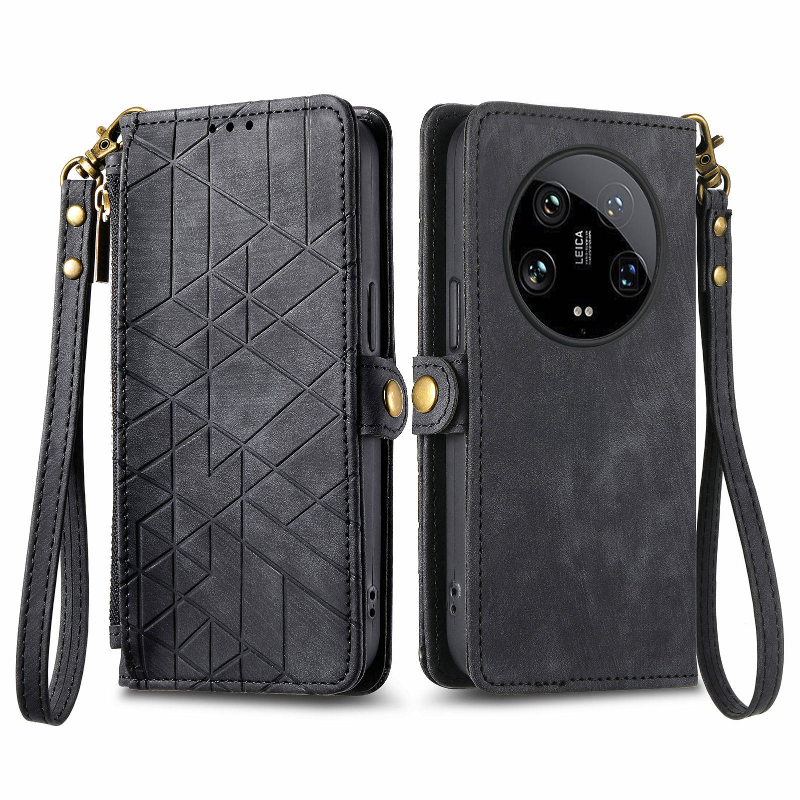 For Xiaomi 14 Ultra Leather Case Zipper Pocket Wallet  Geometry Phone Cover with Strap - Black