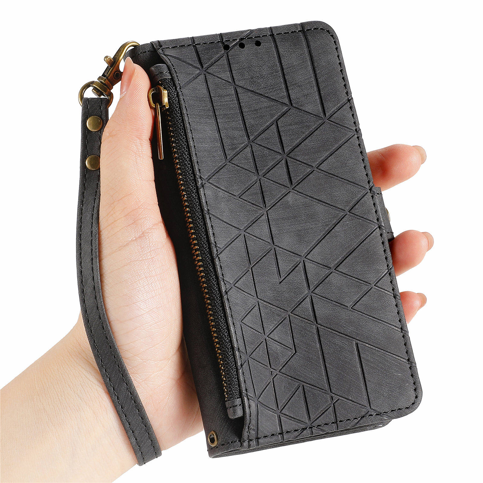 For Xiaomi 14 Ultra Leather Case Zipper Pocket Wallet  Geometry Phone Cover with Strap - Black