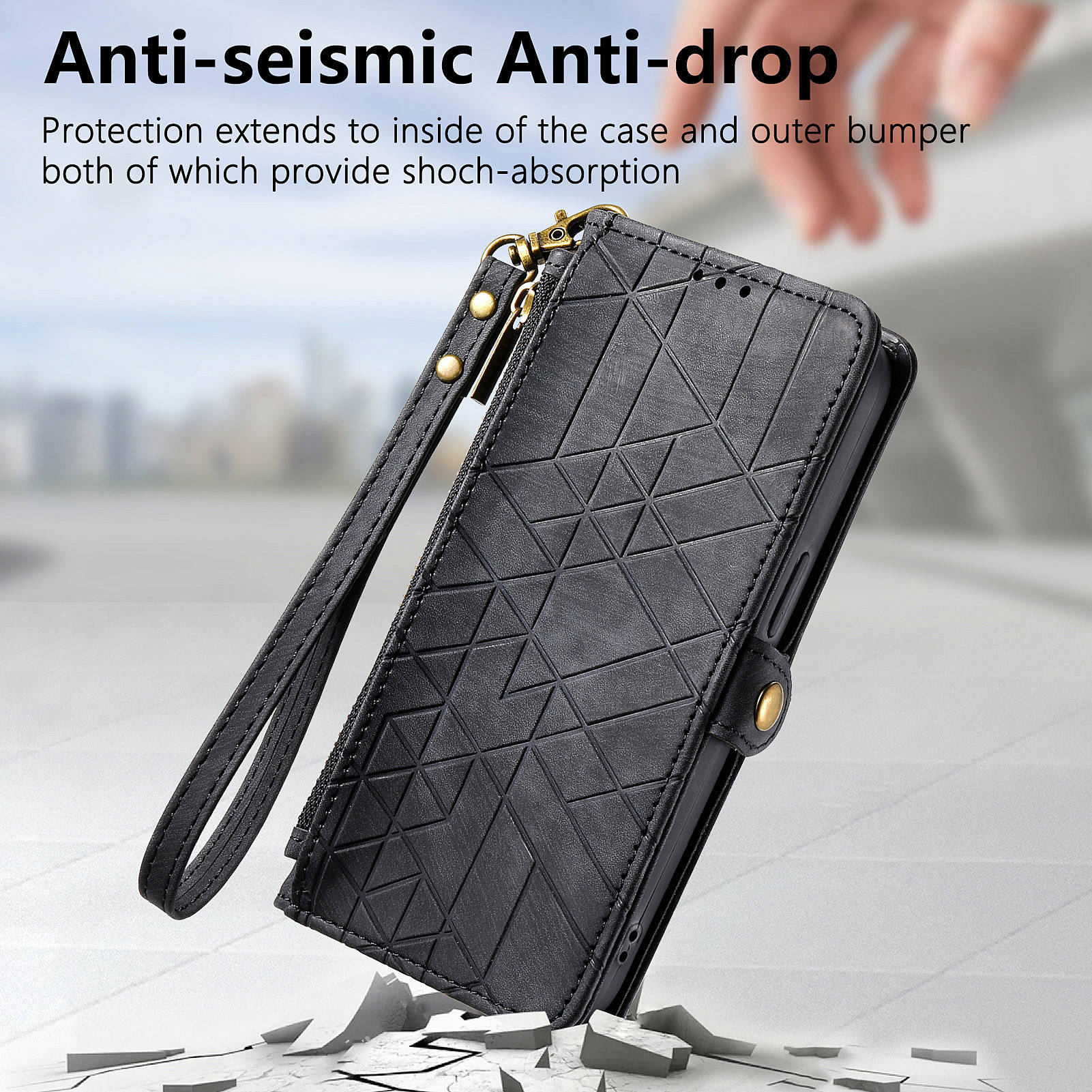 For Xiaomi 14 Ultra Leather Case Zipper Pocket Wallet  Geometry Phone Cover with Strap - Black