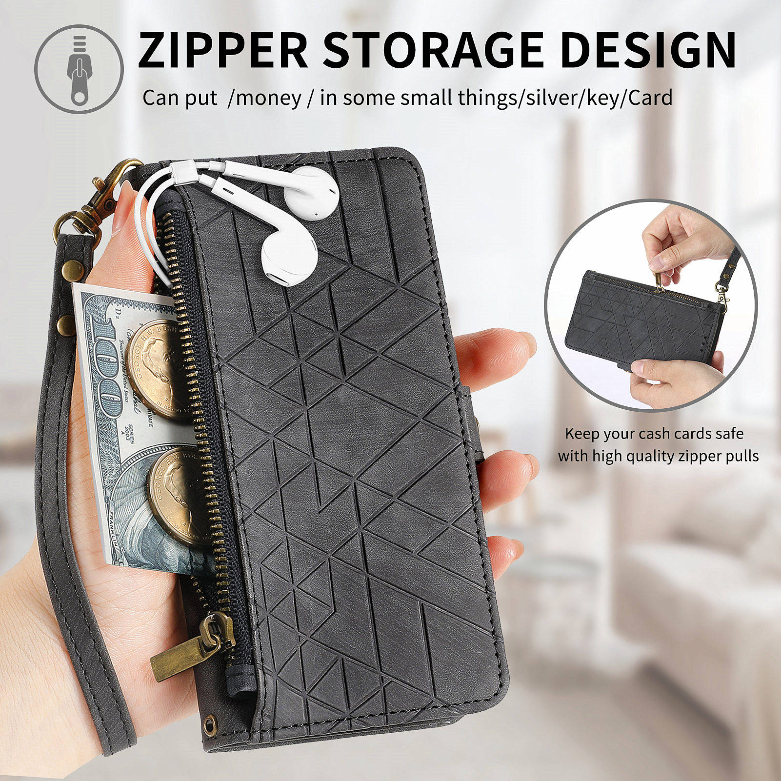 For Xiaomi 14 Ultra Leather Case Zipper Pocket Wallet  Geometry Phone Cover with Strap - Black