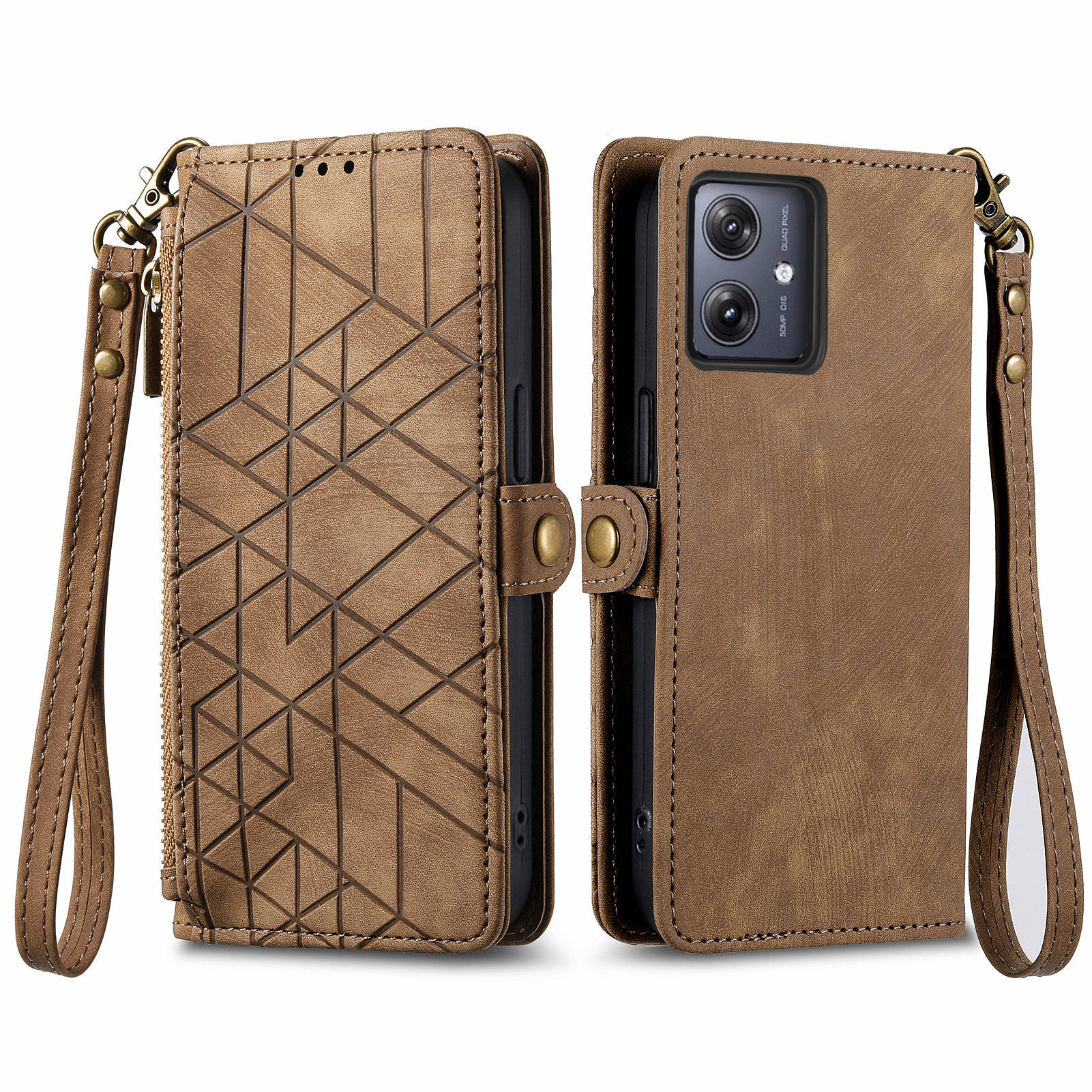 For Motorola Moto G54 5G Leather Case Zipper Pocket Wallet Geometry Flip Phone Cover - Brown