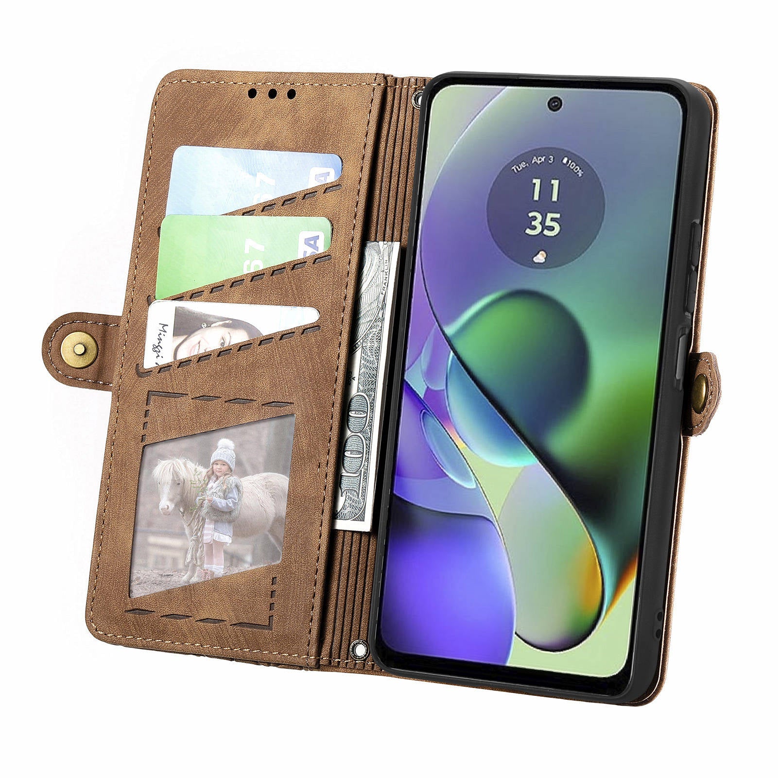 For Motorola Moto G54 5G Leather Case Zipper Pocket Wallet Geometry Flip Phone Cover - Brown