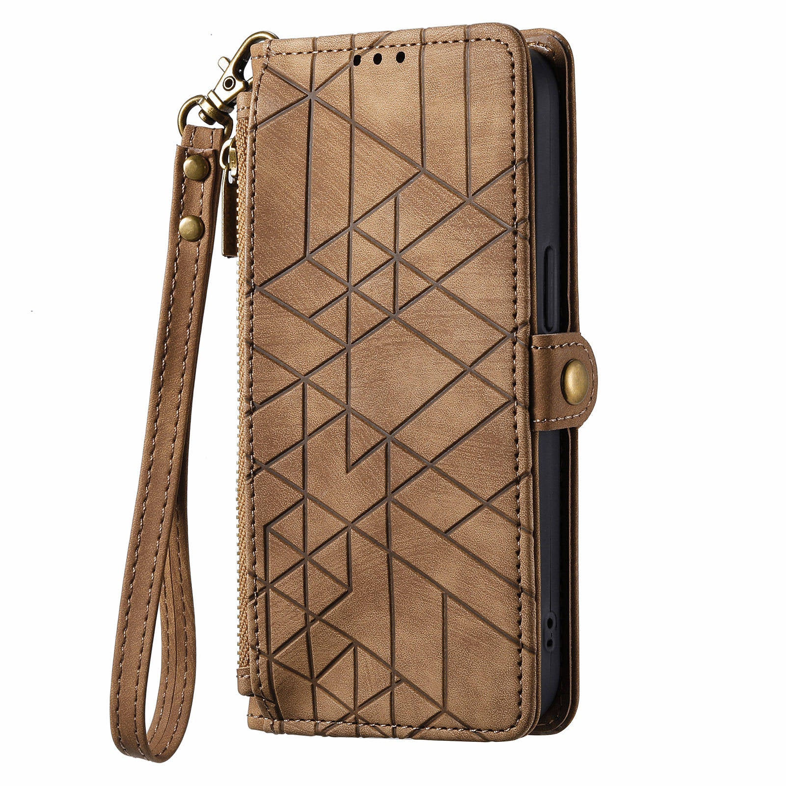 For Motorola Moto G54 5G Leather Case Zipper Pocket Wallet Geometry Flip Phone Cover - Brown